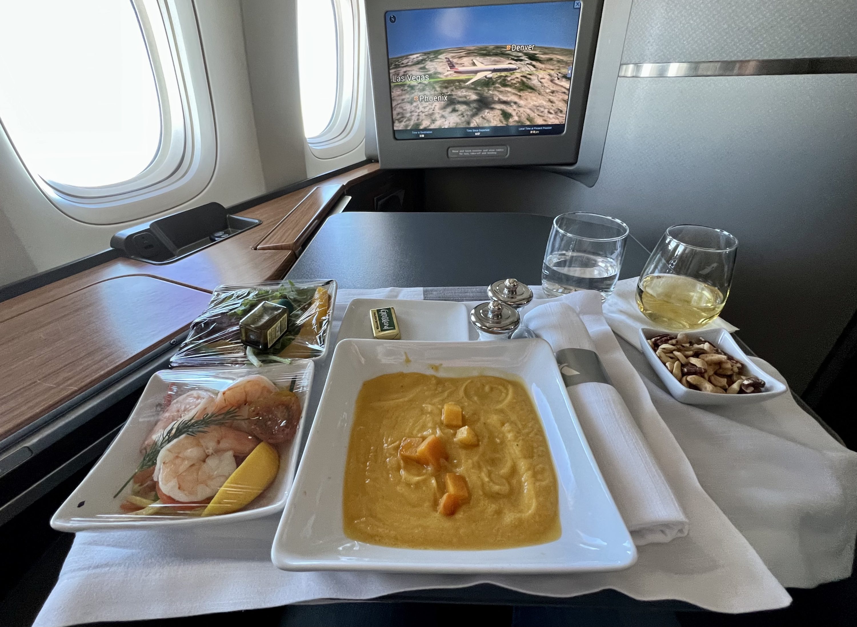 American Airlines Boeing 777 300 Flagship First FB starter of soup and salads