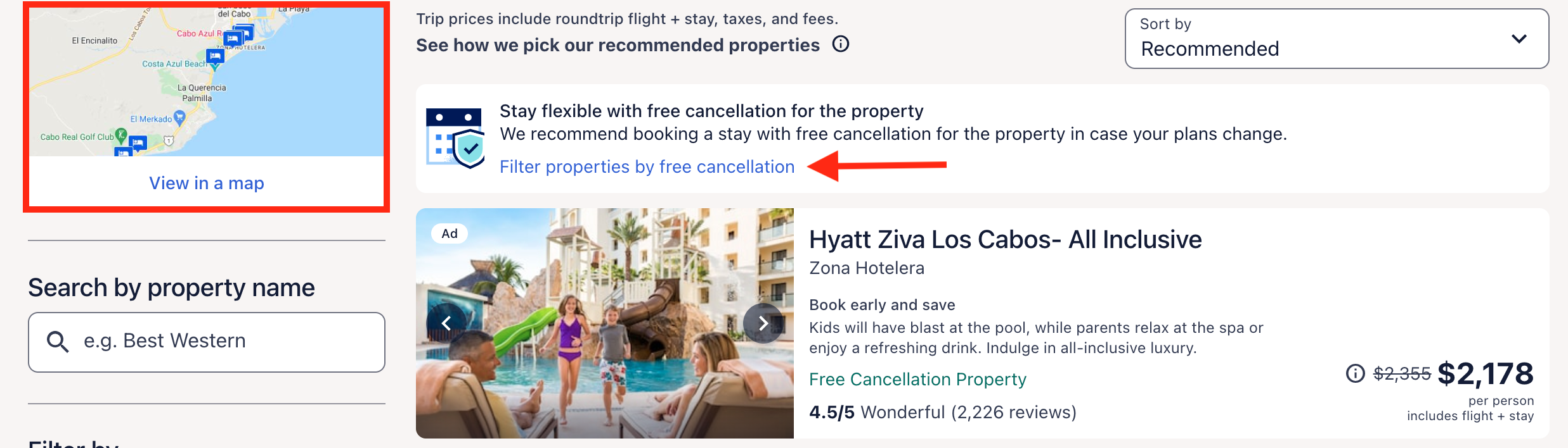 Expedia search and filter options