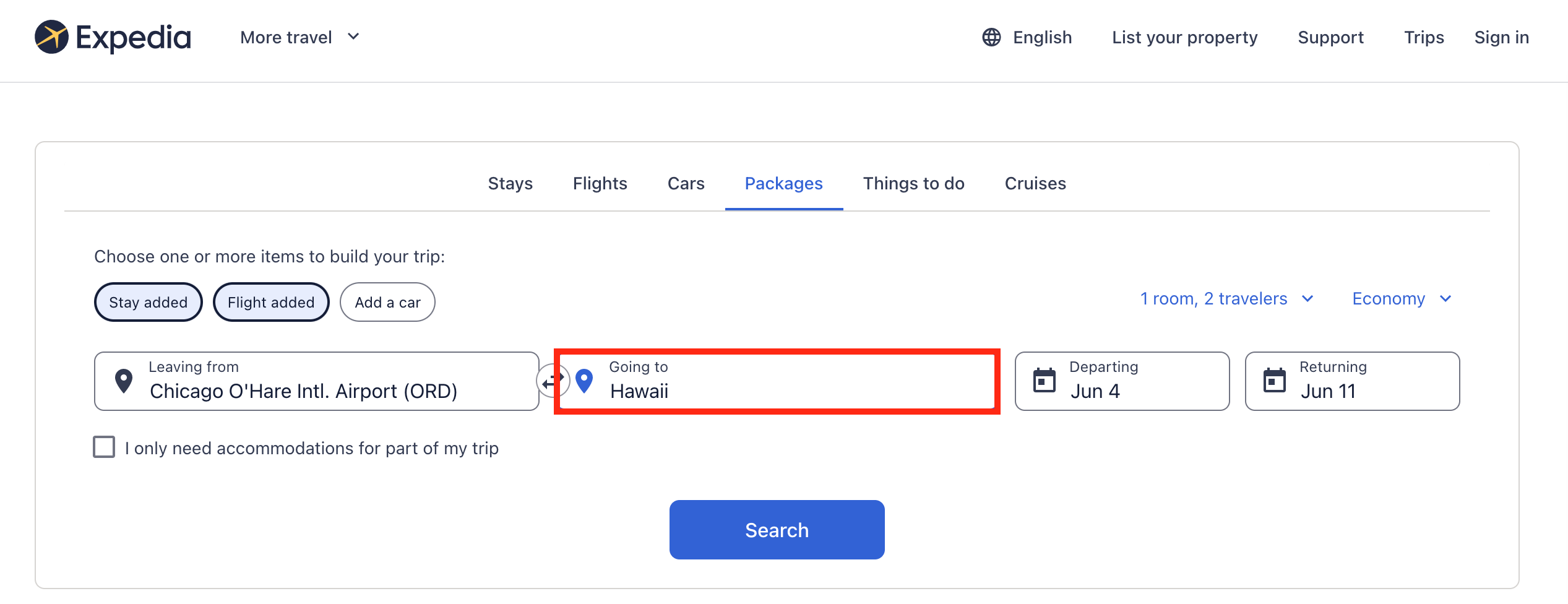 Hawaii vacation package search on Expedia