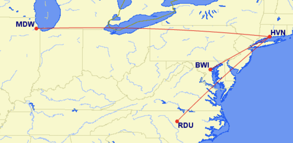 Map of Avelo's new routes from Tweed-New Haven 