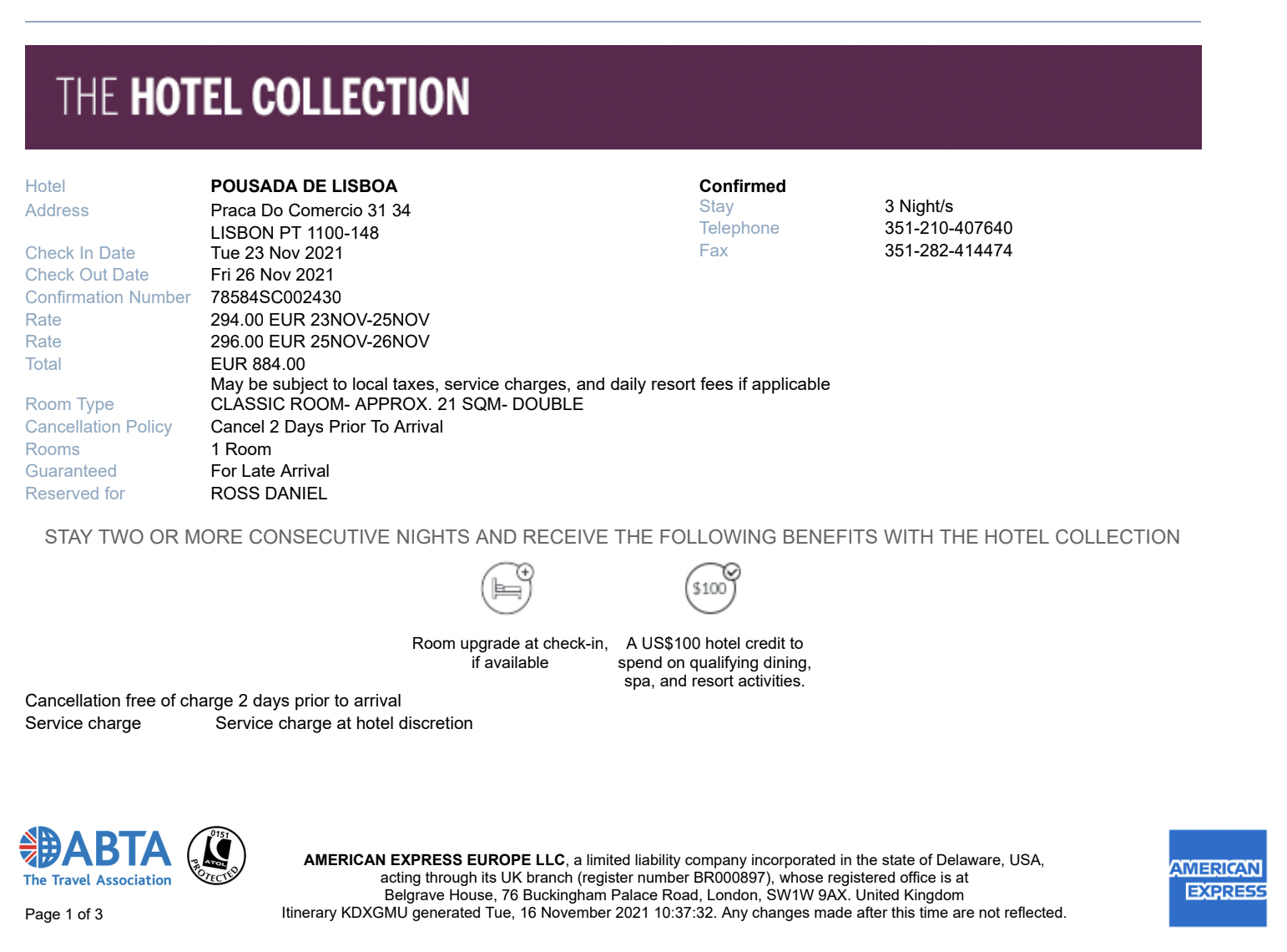 Pousada de Lisboa booking confirmation