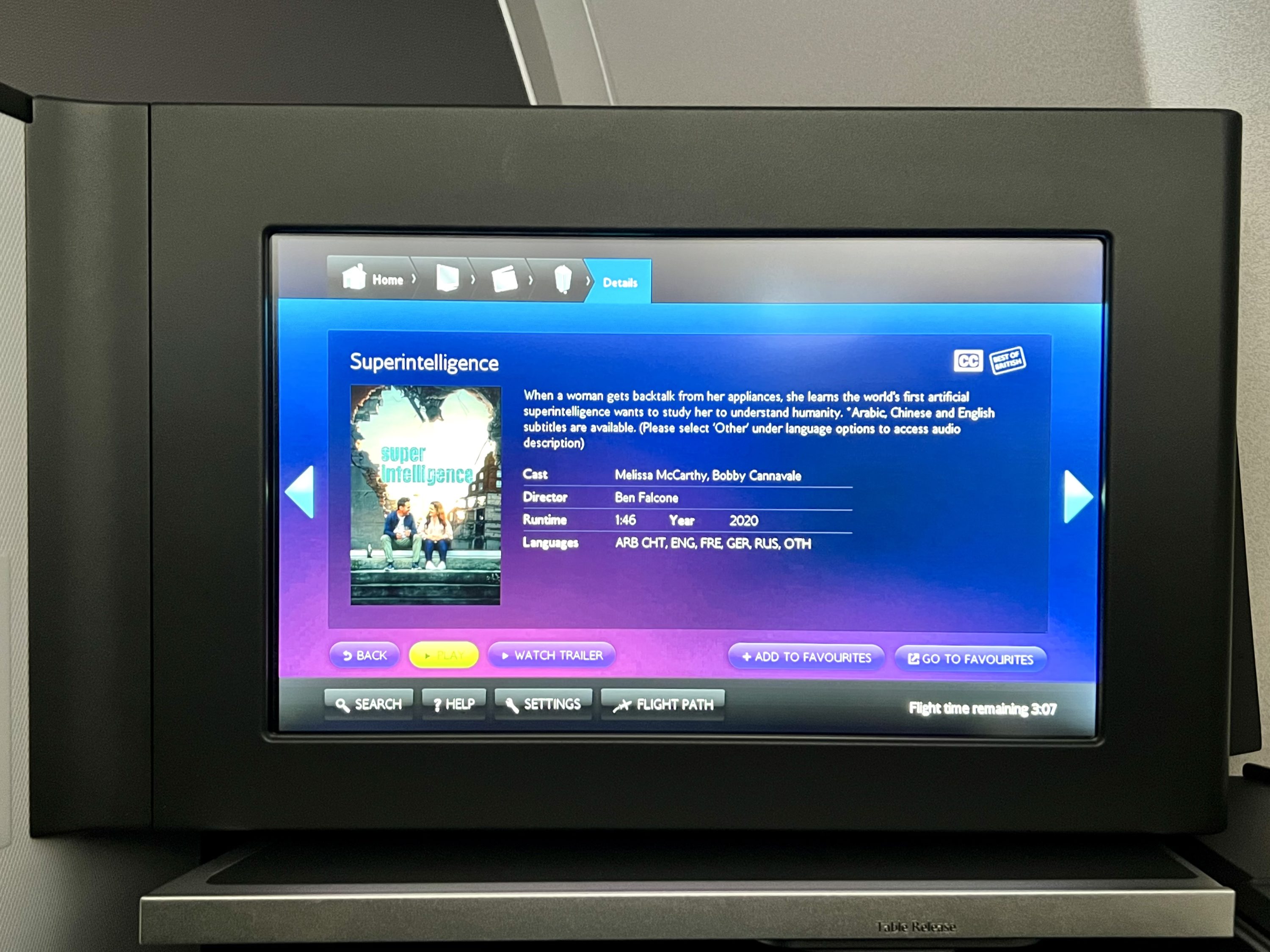 British Airways Boeing 777 300 Club Suite IFE film selection