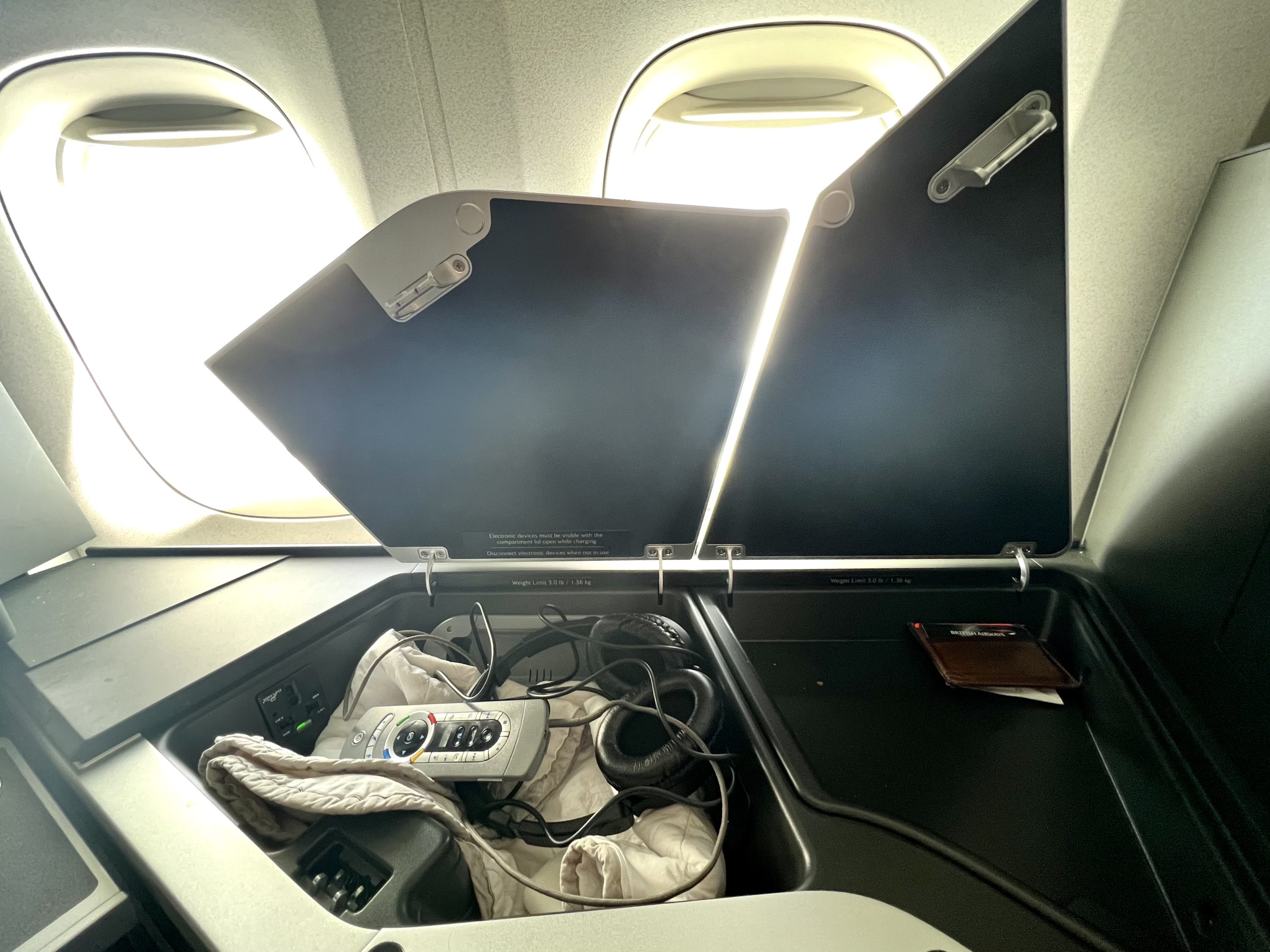 British Airways Boeing 777 300 Club Suite seat storage