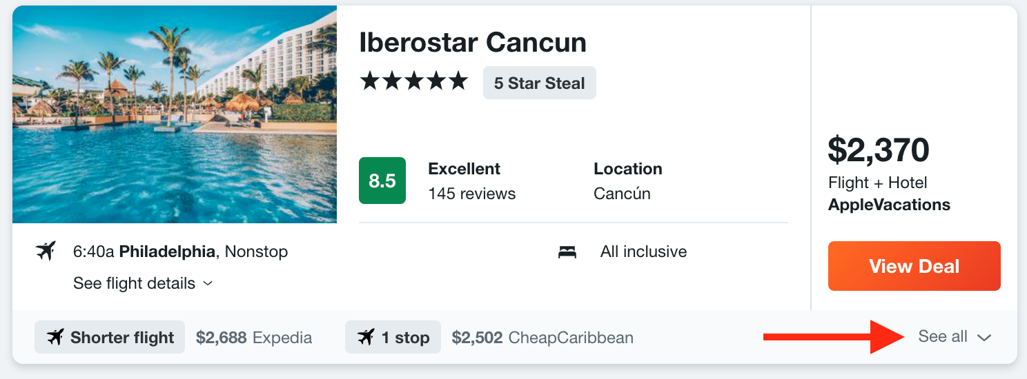 Kayak Cancun vacation search results