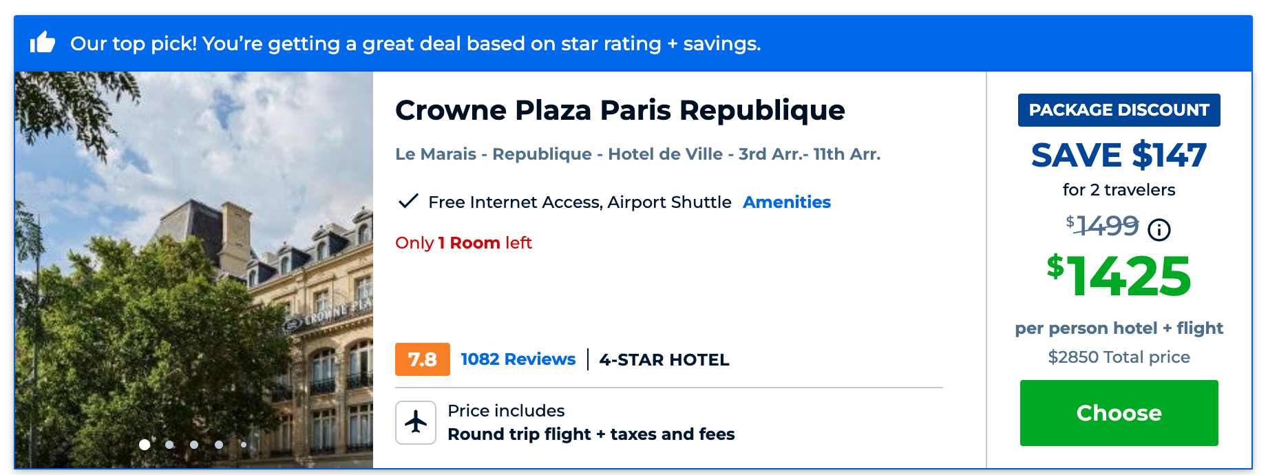 Priceline European vacation package search results