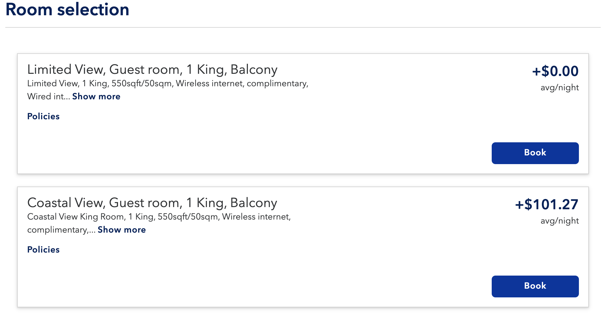 JetBlue Vacations room selection