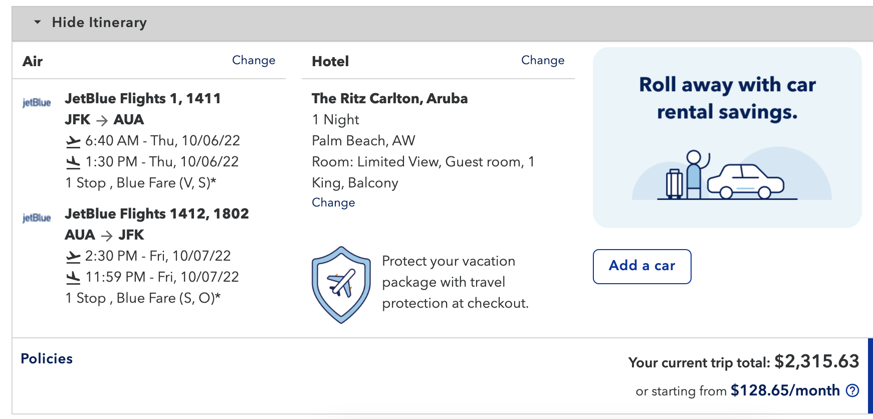 JetBlue Vacations trip total