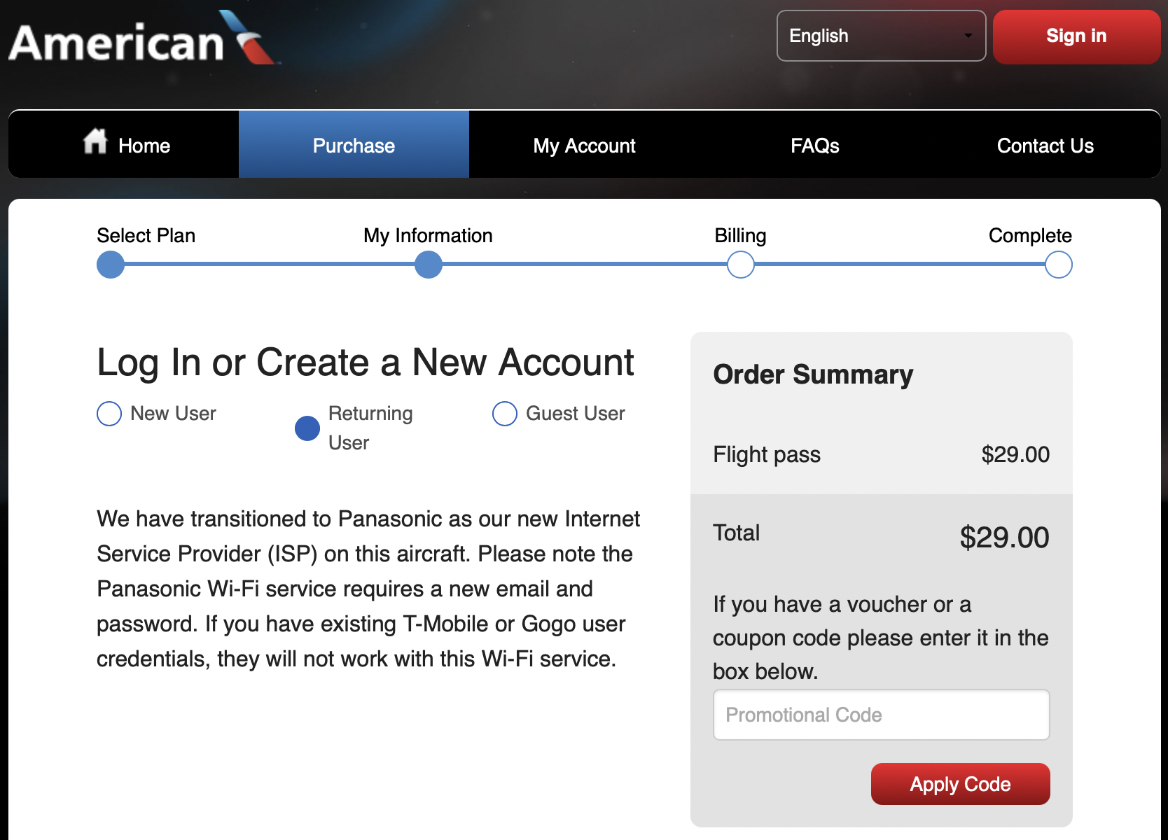 Signing up for American Airlines inflight Wi-Fi