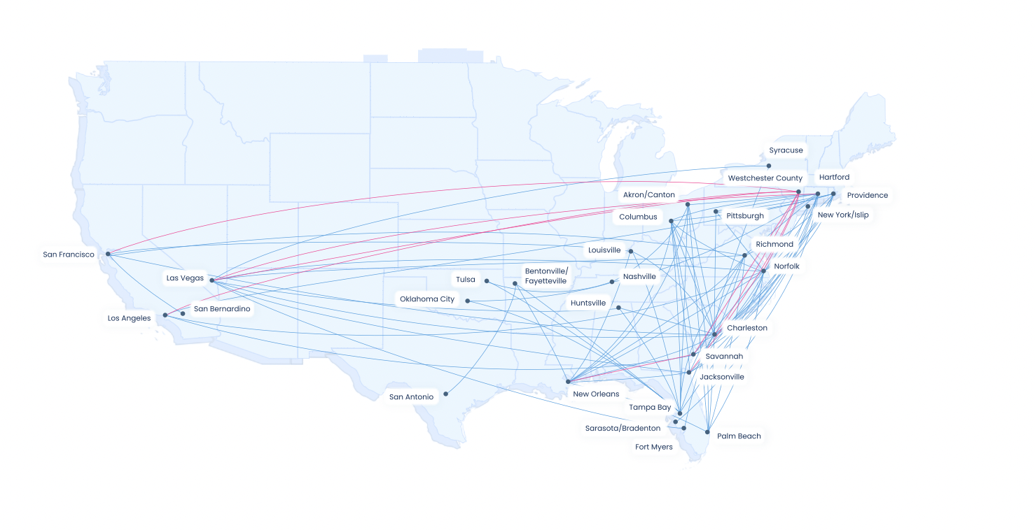 Breeze Airway's route map including new routes from Westchester Country (in pink)