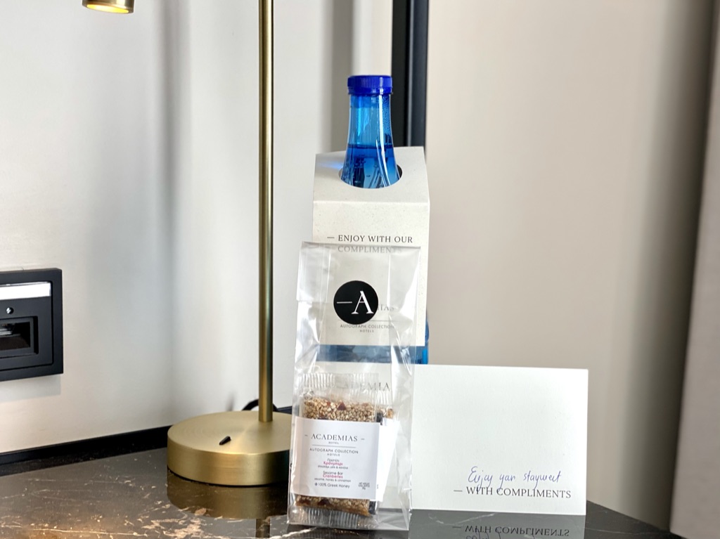 Complimentary water and snacks.