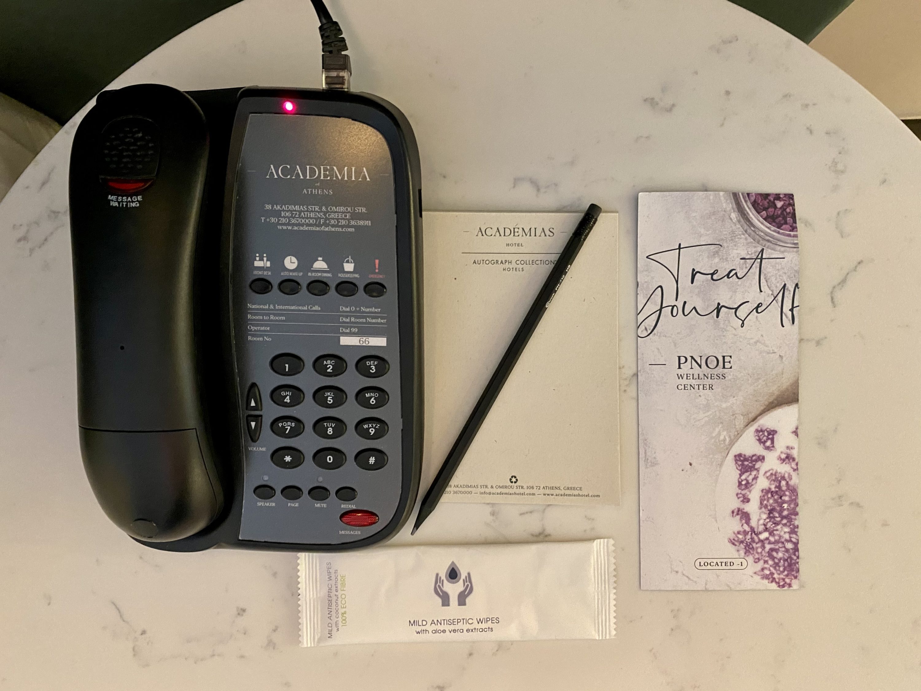 Academias Hotel bedroom bedside amenities