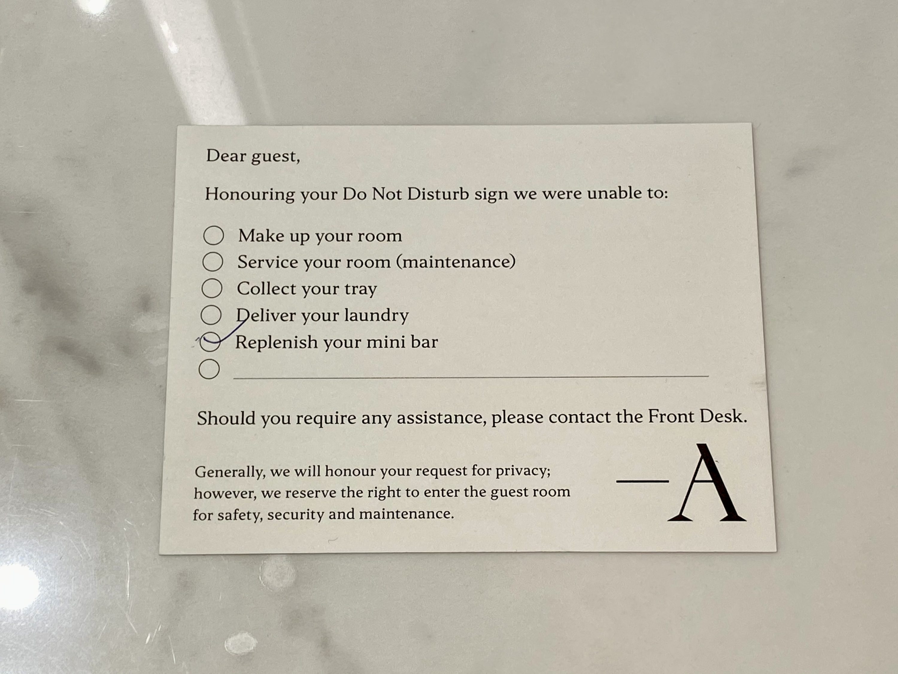 Academias Hotel bedroom room service note