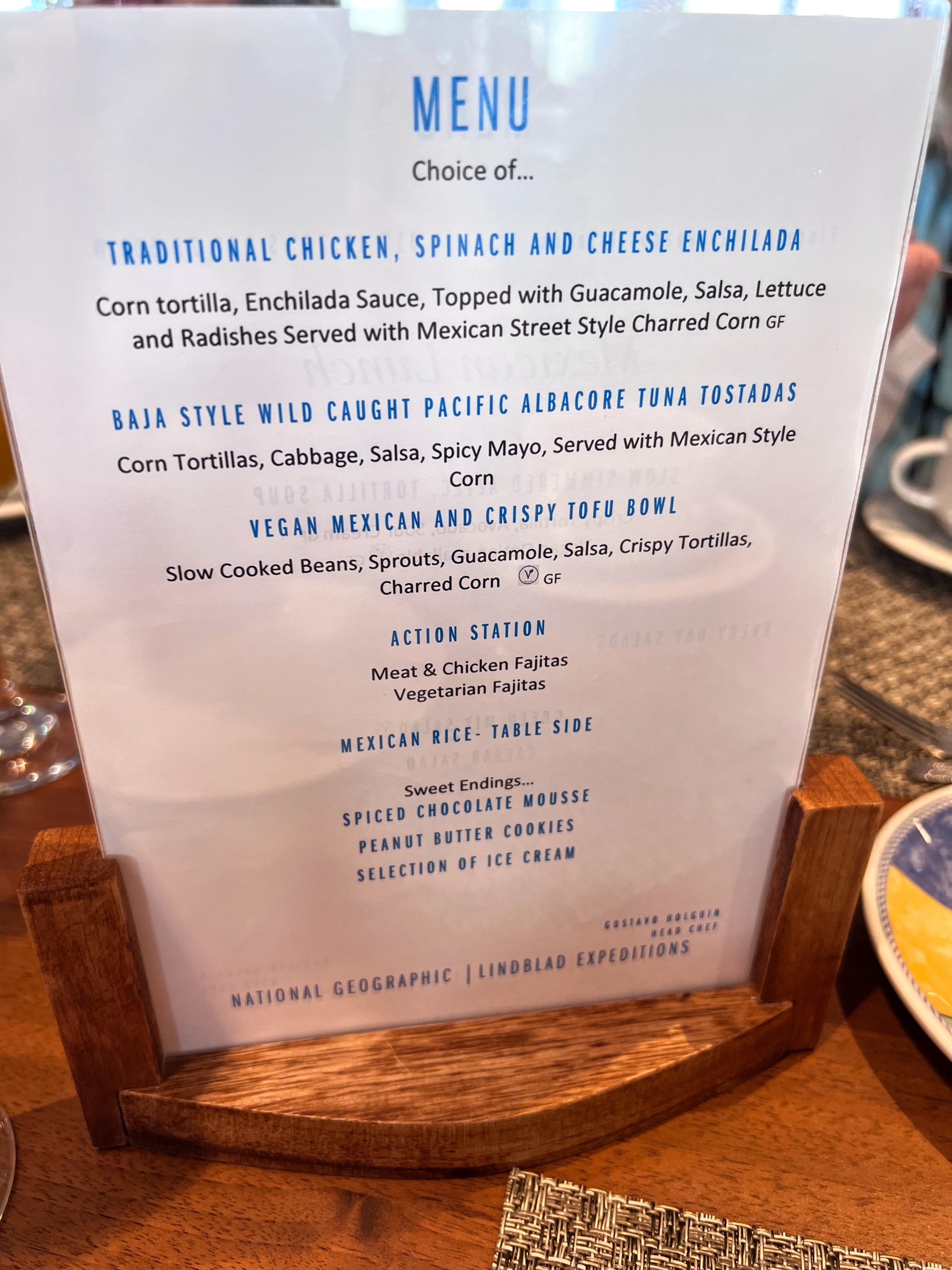 Dinner menu on Endeavour II
