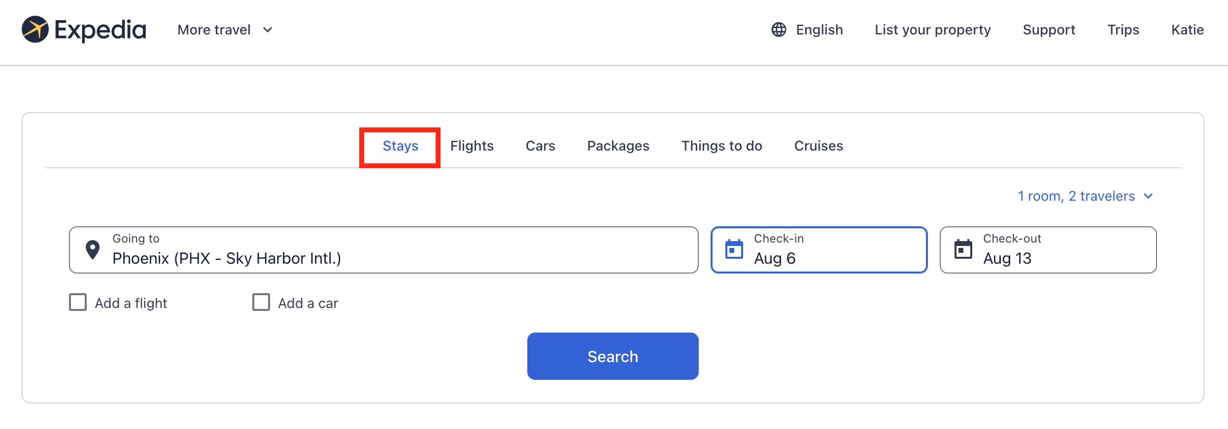 Hotel search on Expedia