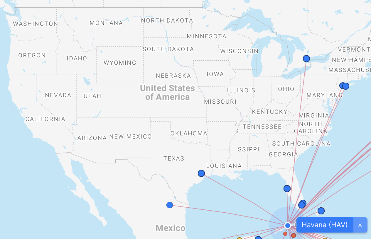 Map of routes from Havana (HAV) to the U.S.