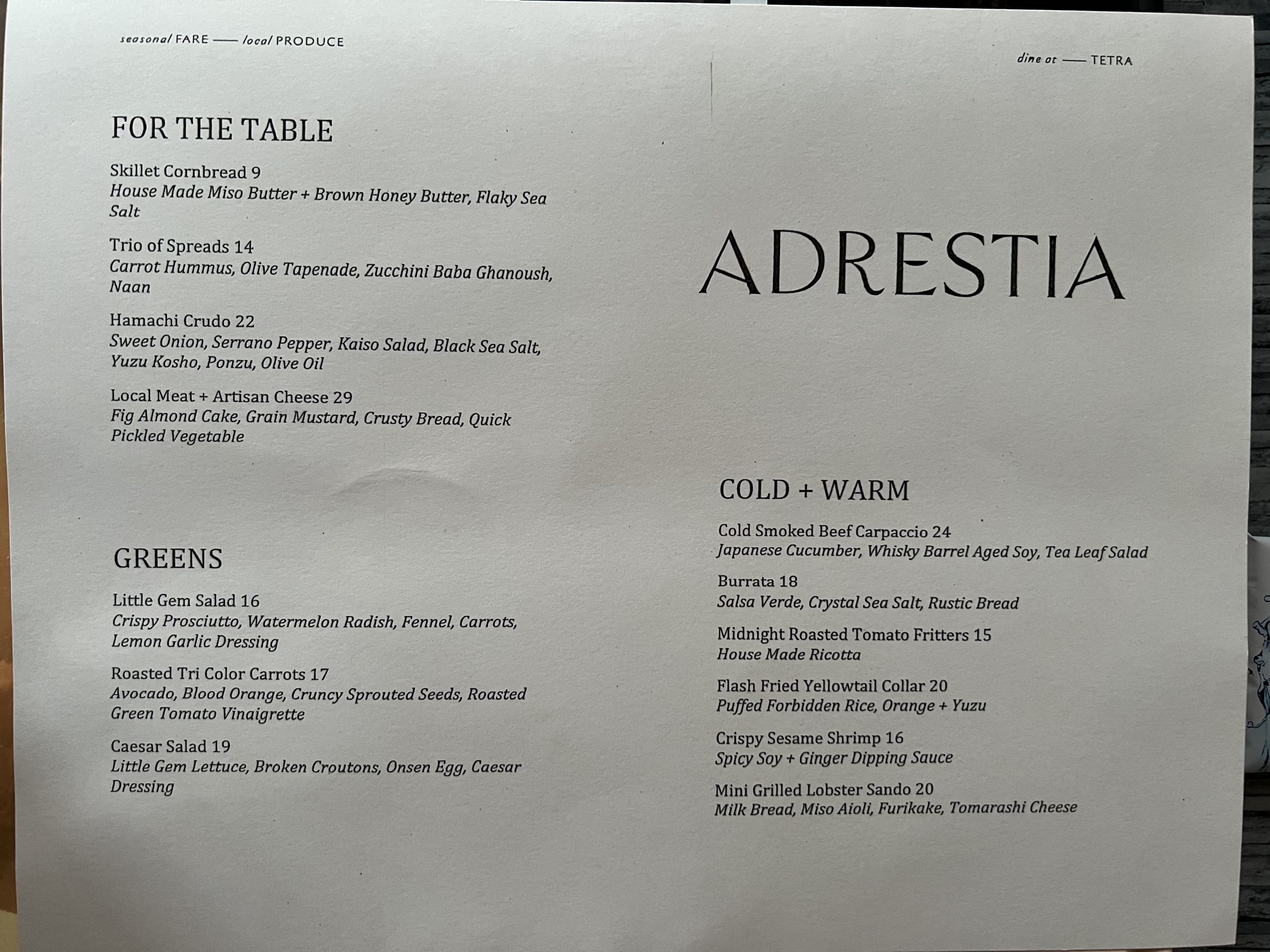 TETRA Hotel Autograph Collection Adrestia menu