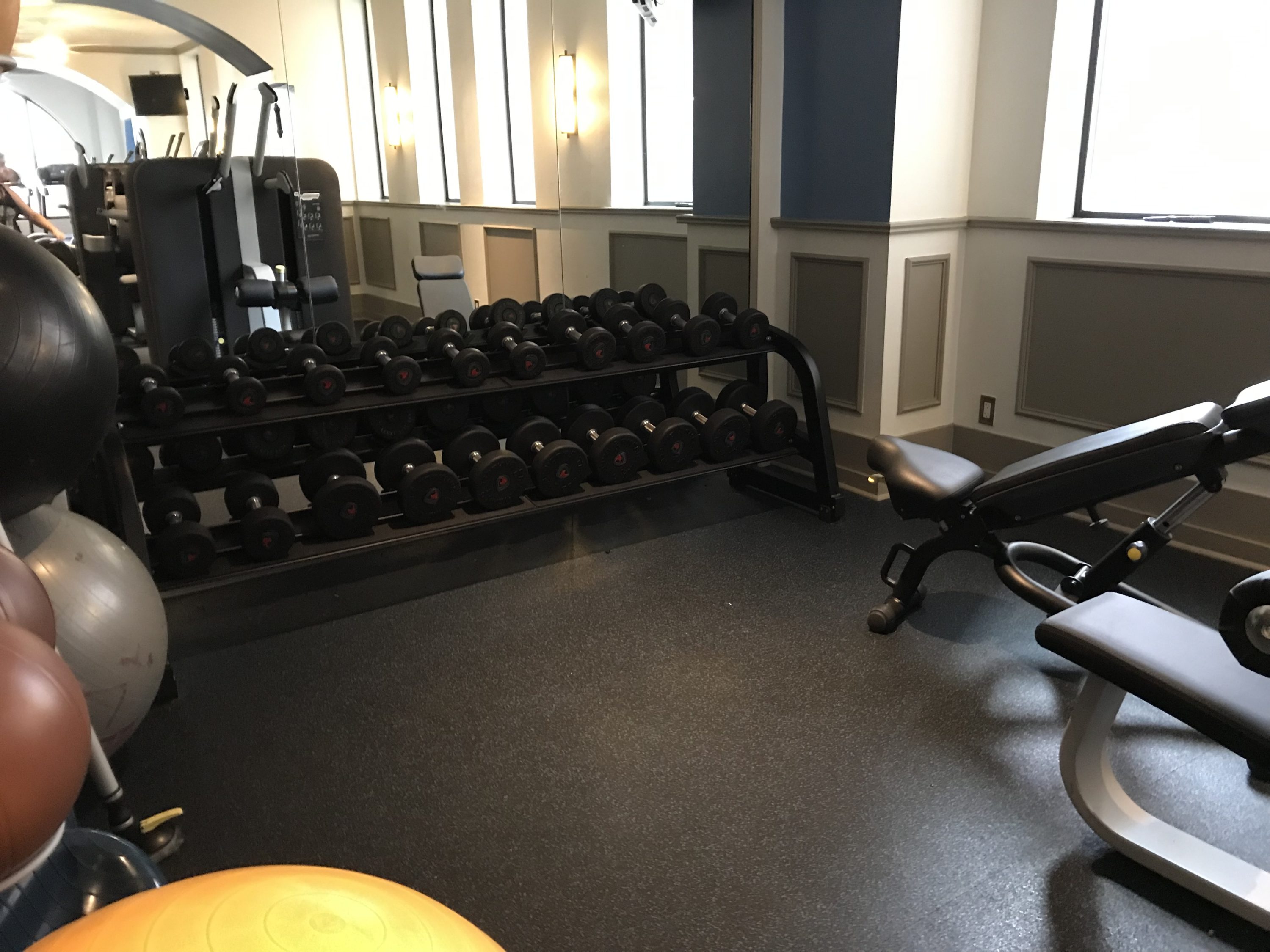 Free weights and balance balls at The Driskill Hotel gym.
