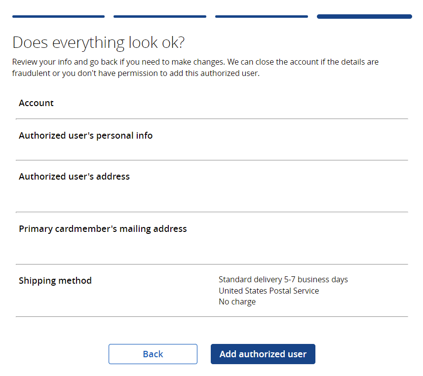Chase authorized user confirmation page