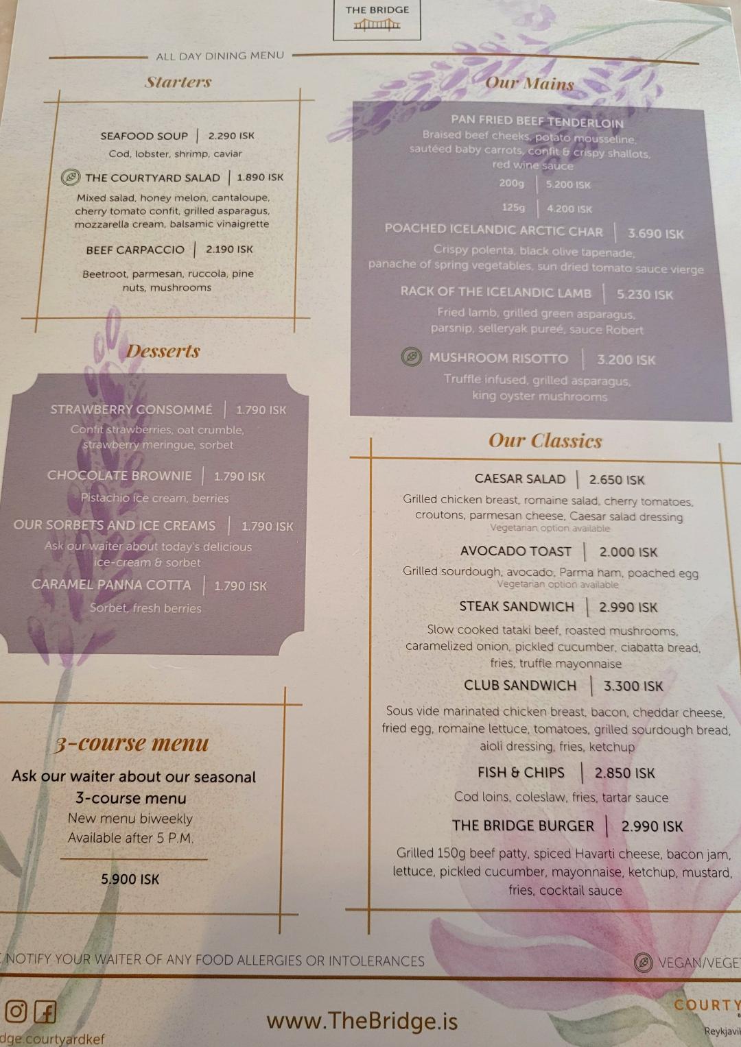 Courtyard by Marriott Keflavik Dinner Menu