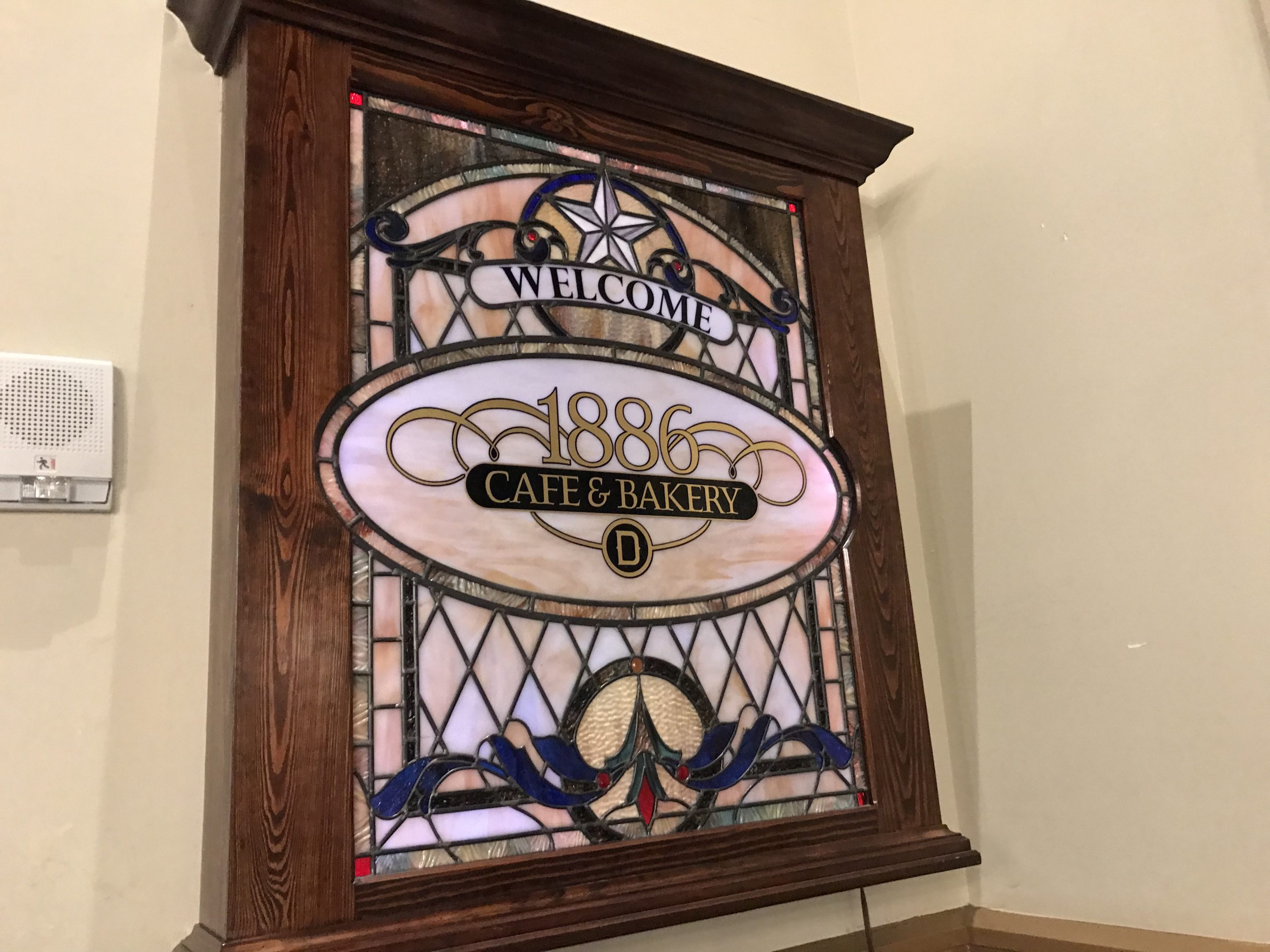 Stained glass sign at the 1886 Café and Bakery