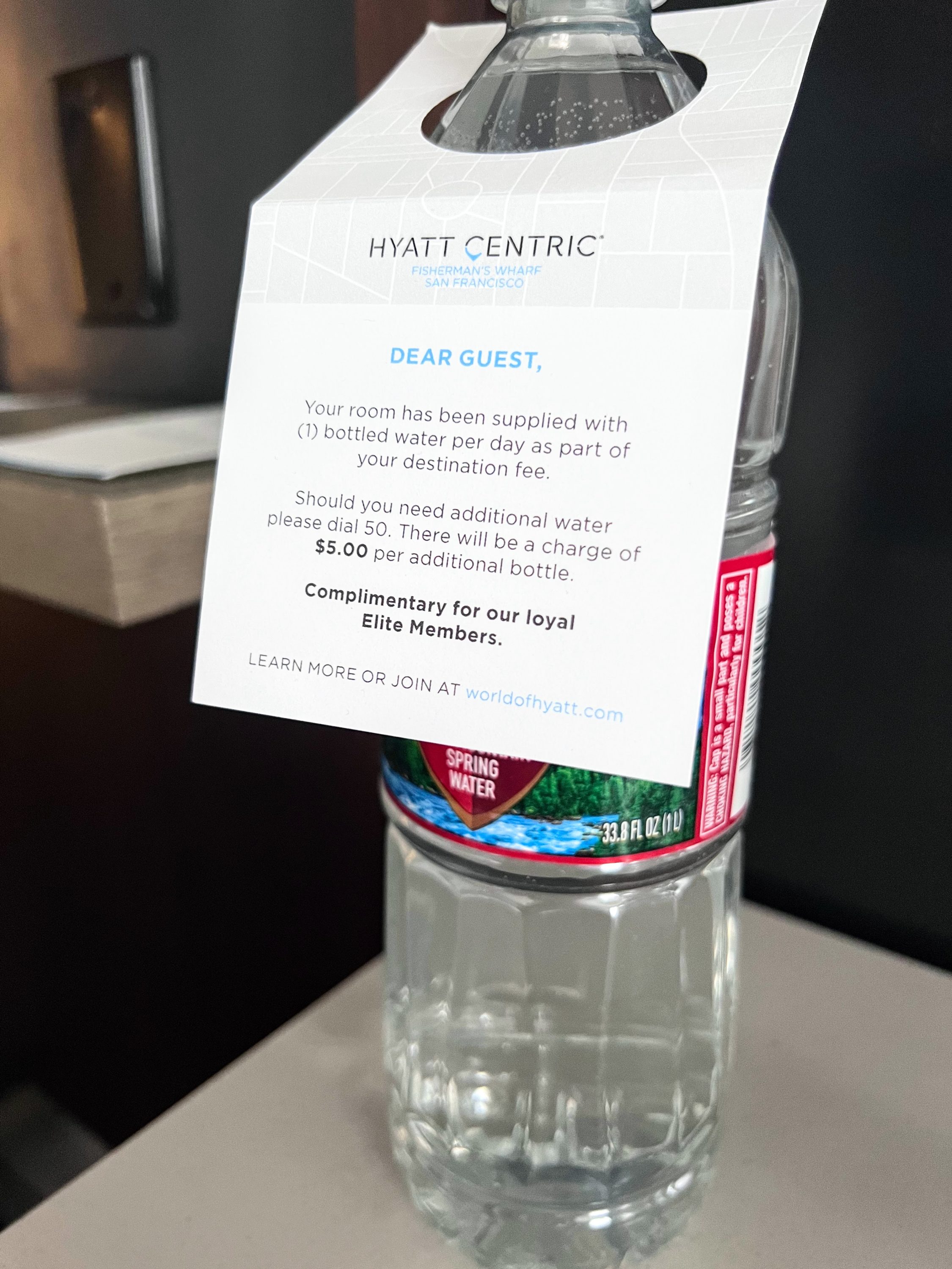 Free bottled water at Hyatt Centric Fisherman's Wharf San Francisco
