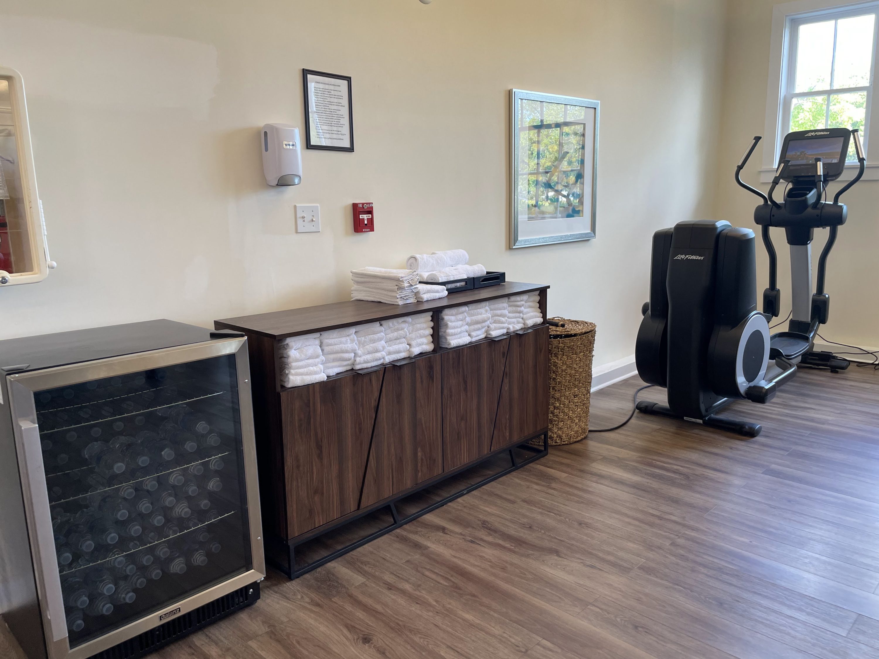 Towels and water in Casa Marina's fitness center