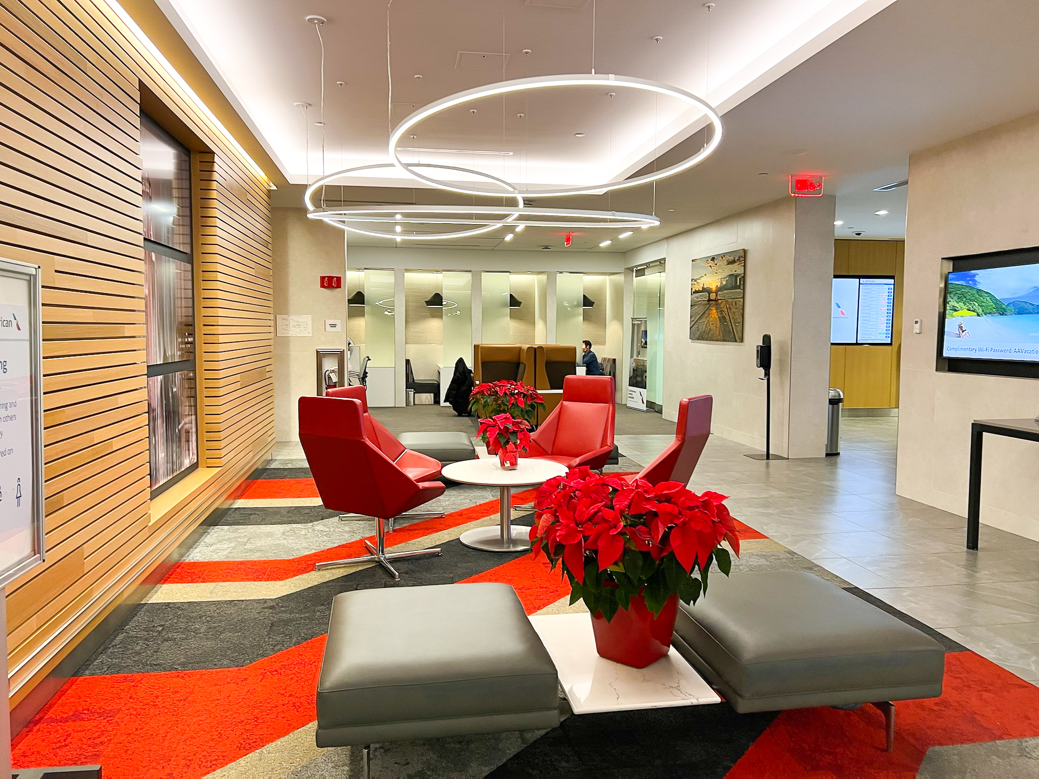 Lobby seating at at the Admirals Club at Boston Logan Airport