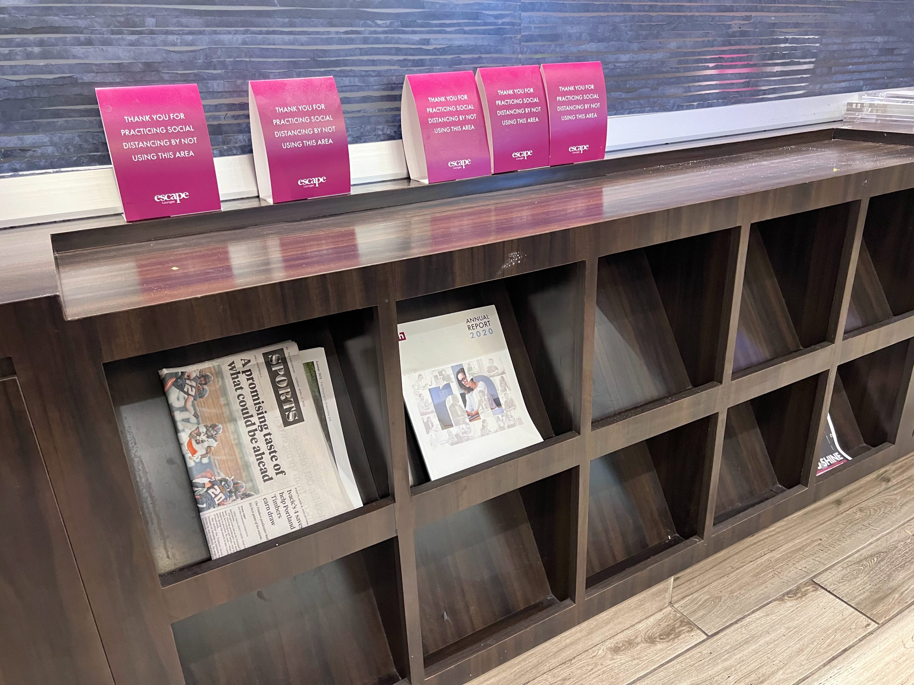 Magazine rack in the Oakland Escape Lounge