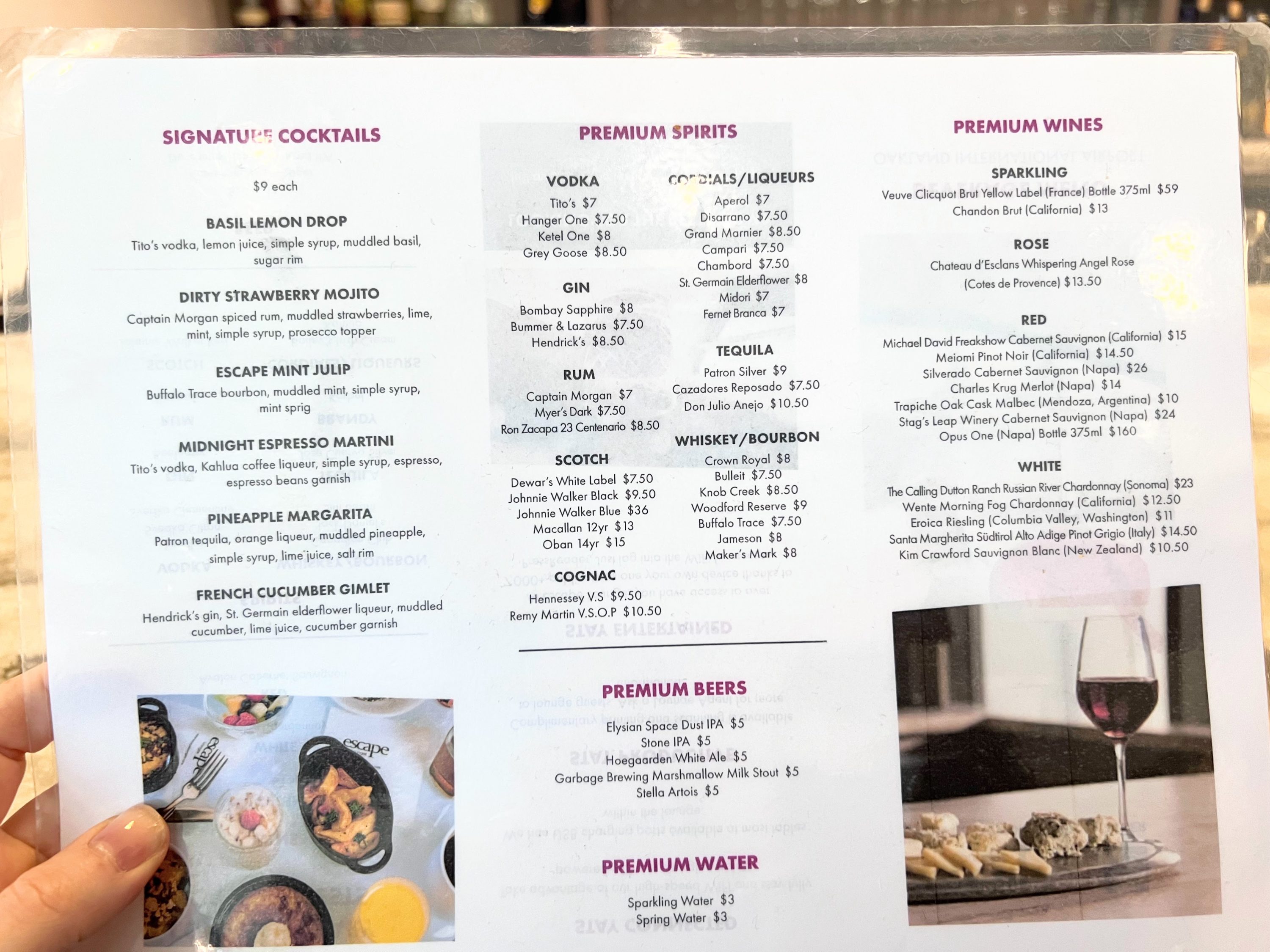 Oakland Escape Lounge cocktail menu
