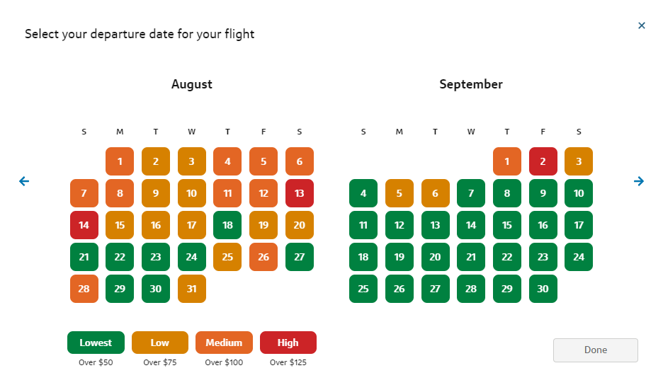 Capital One Travel price grid
