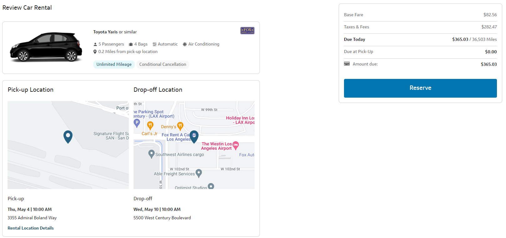 Capital One Travel SAN and LAX car rental