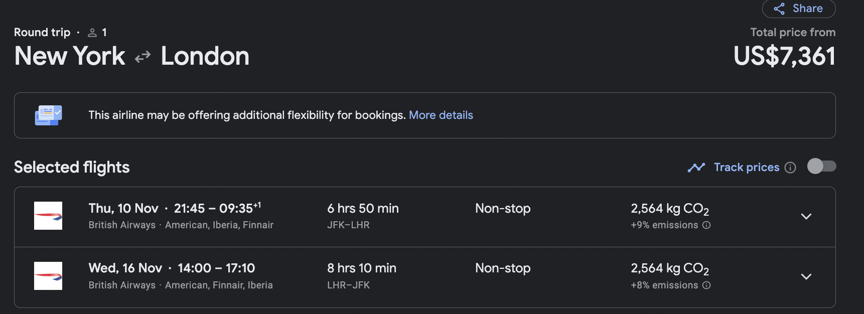 Return business class flights from New York to London with British Airways