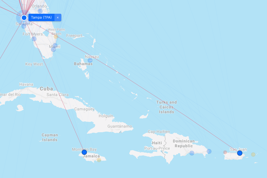 Frontier's routes from Tampa to the Caribbean 