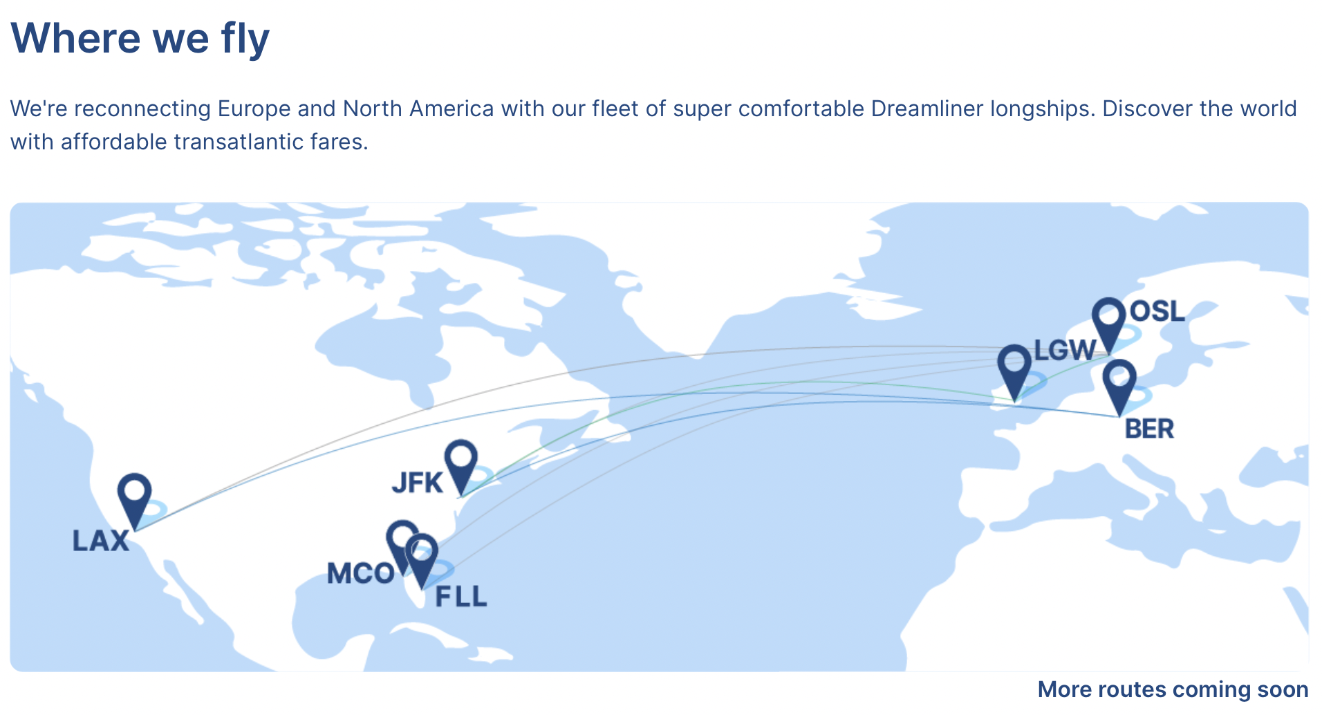 Norse Atlantic's transatlantic route map