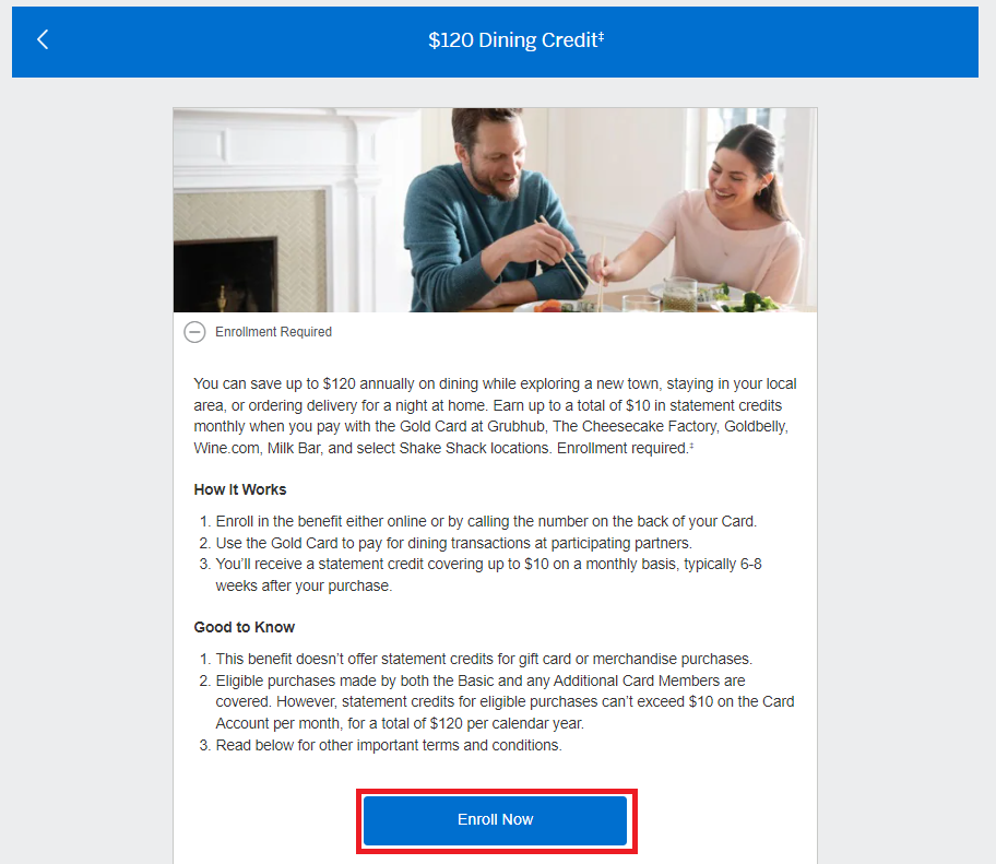 Amex Gold card dining credit