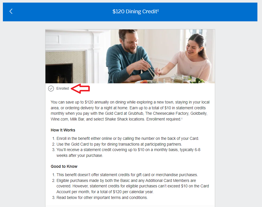 Amex Gold card dining credit