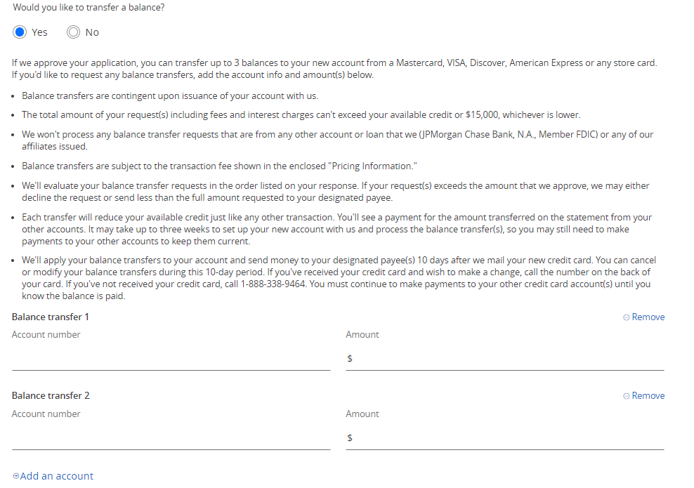 Chase Balance Transfer new card application Chase Balance Transfer new card application