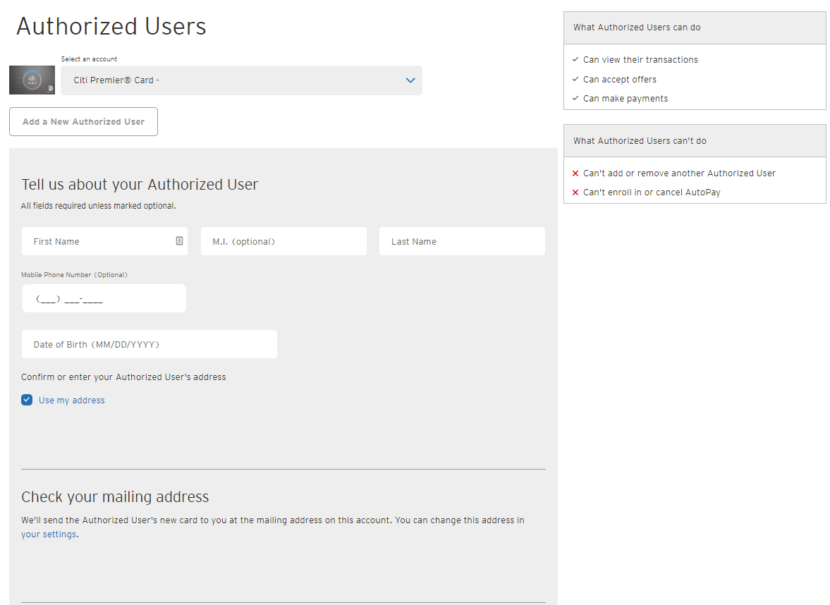 Citi Premier card add authorized user
