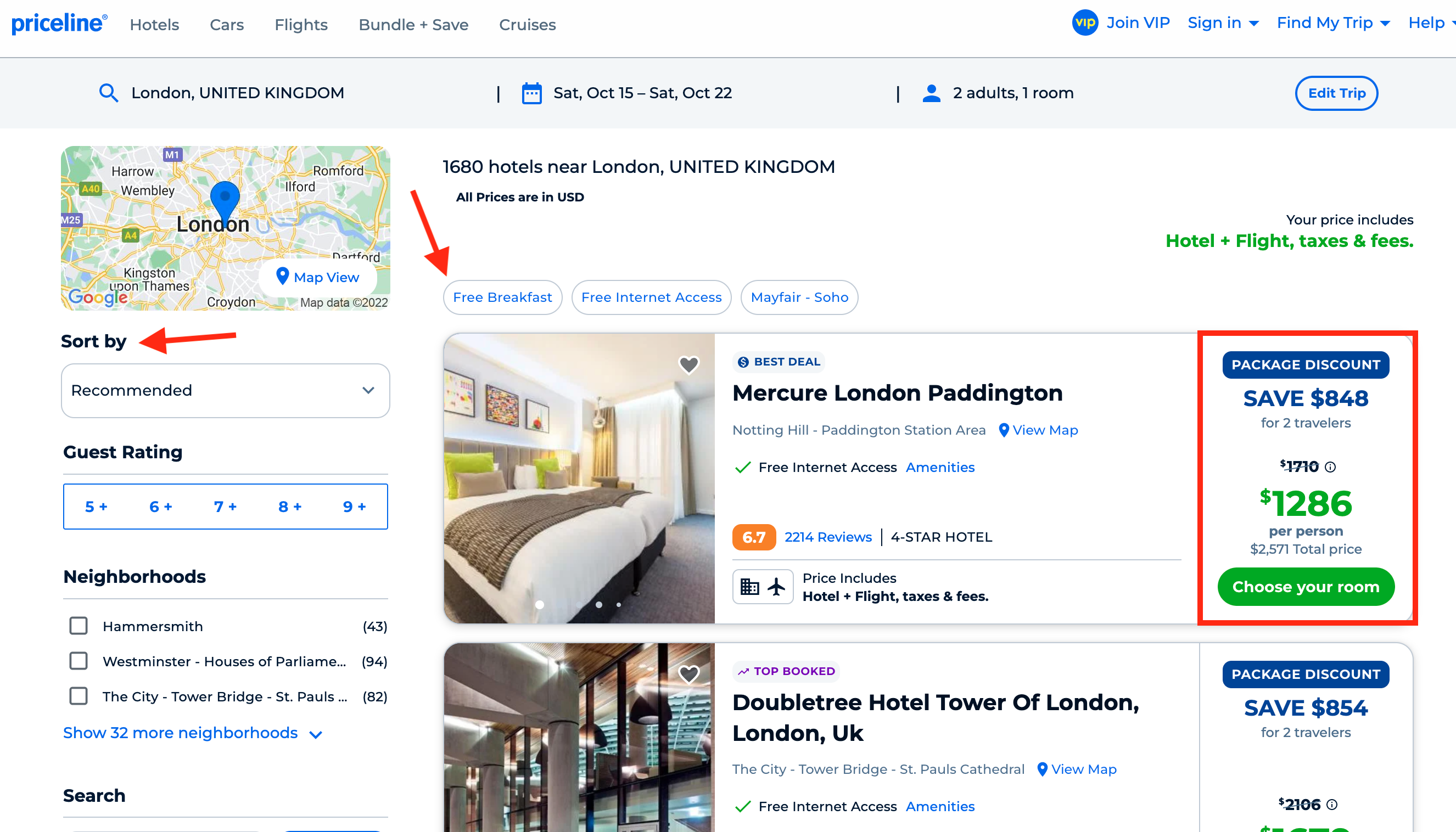 Priceline Bundle and Save filtering and sorting options