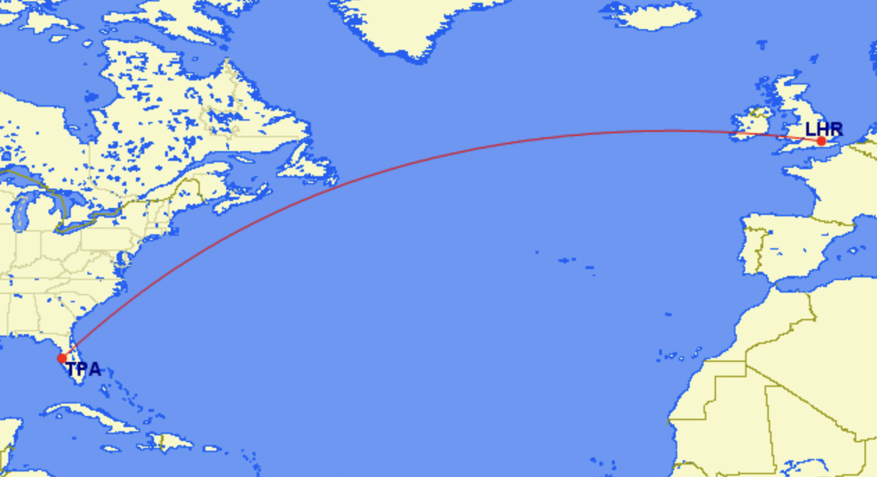 Route map of Virgin's new service between London (LHR) and Tampa (TPA)
