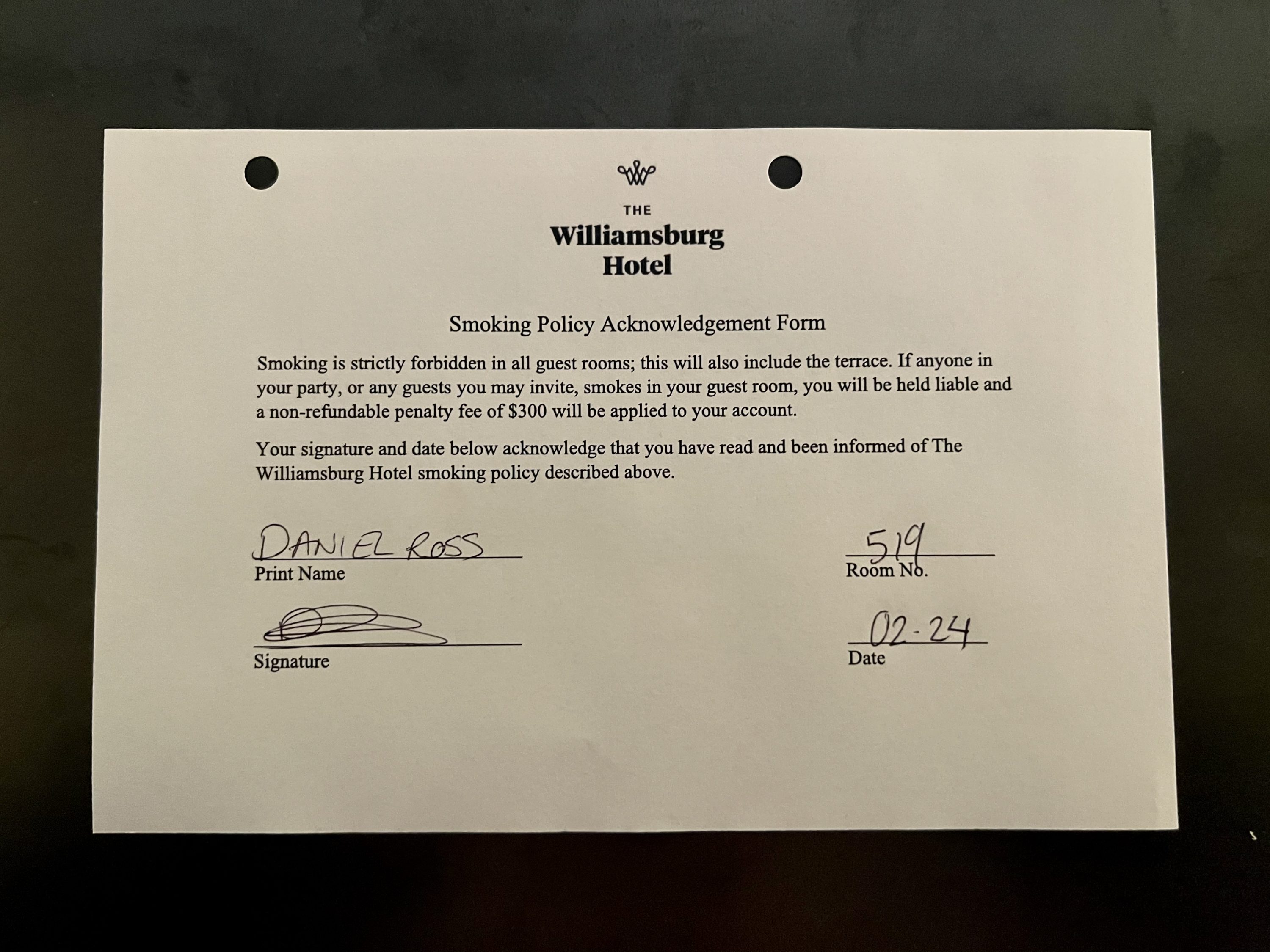 The Williamsburg Hotel check in smoking policy