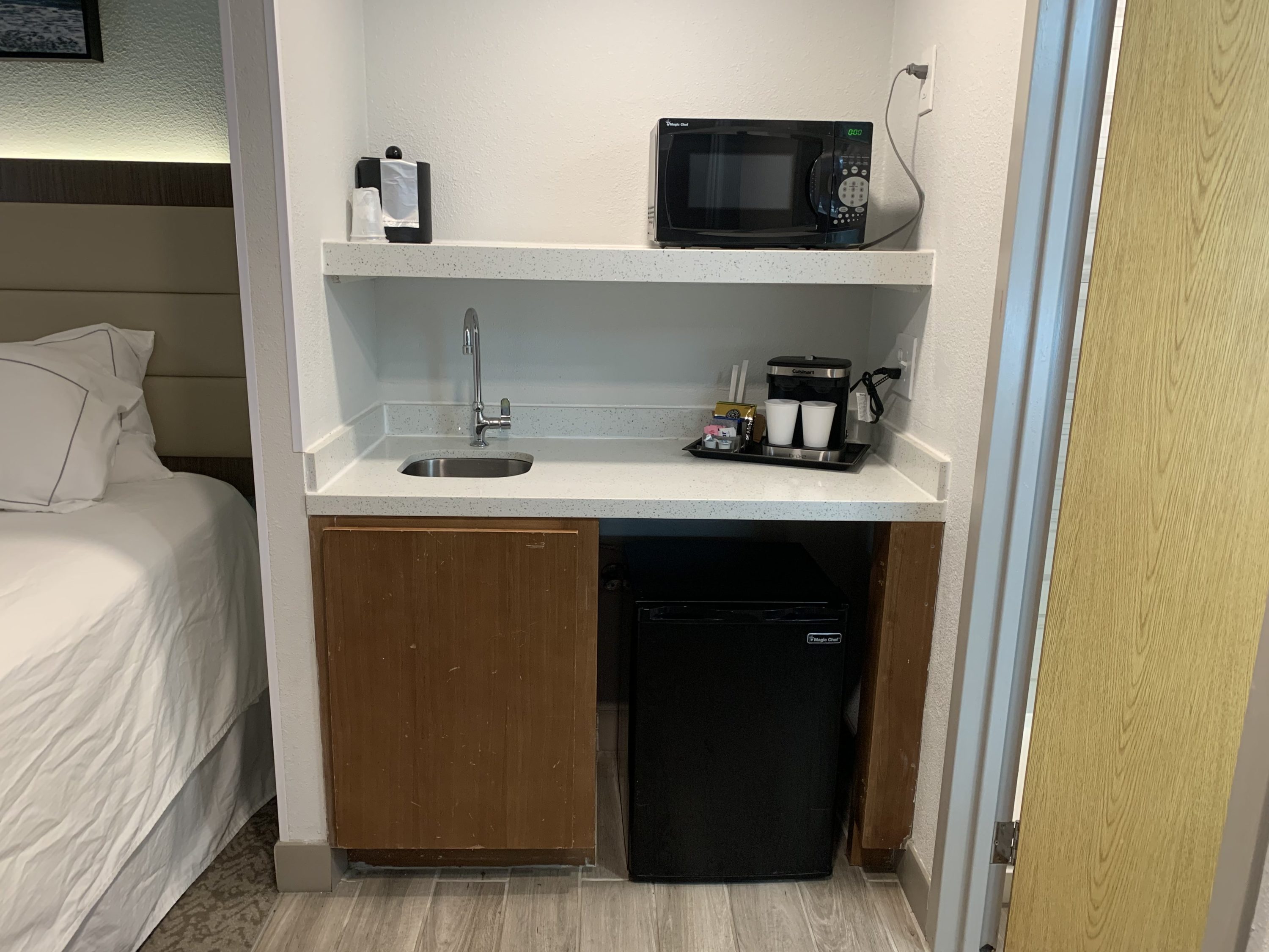 Kitchen area in the guestroom at the DoubleTree by Hilton Corpus Christi Beachfront
