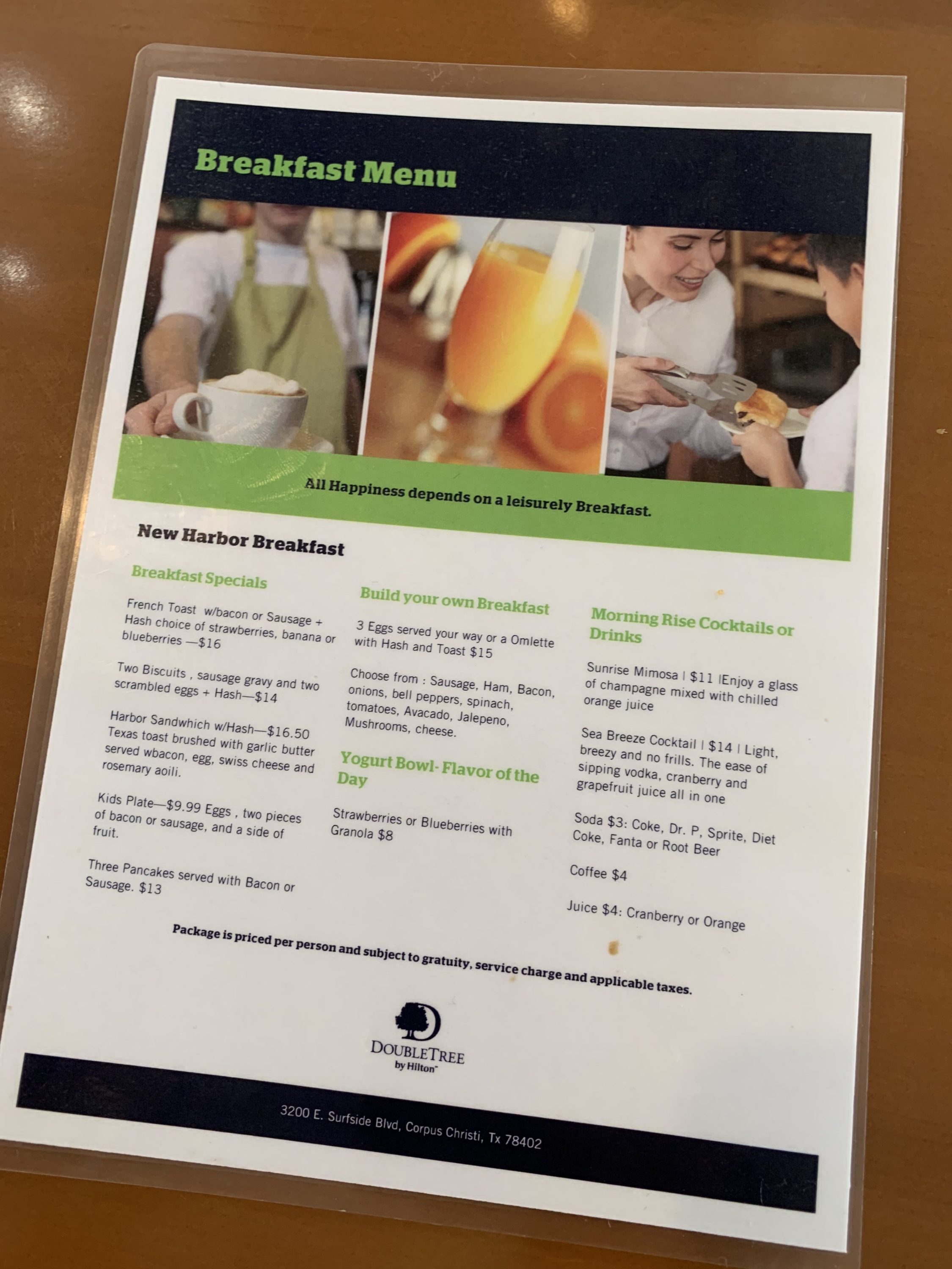 Breakfast menu at the DoubleTree by Hilton Corpus Christi Beachfront