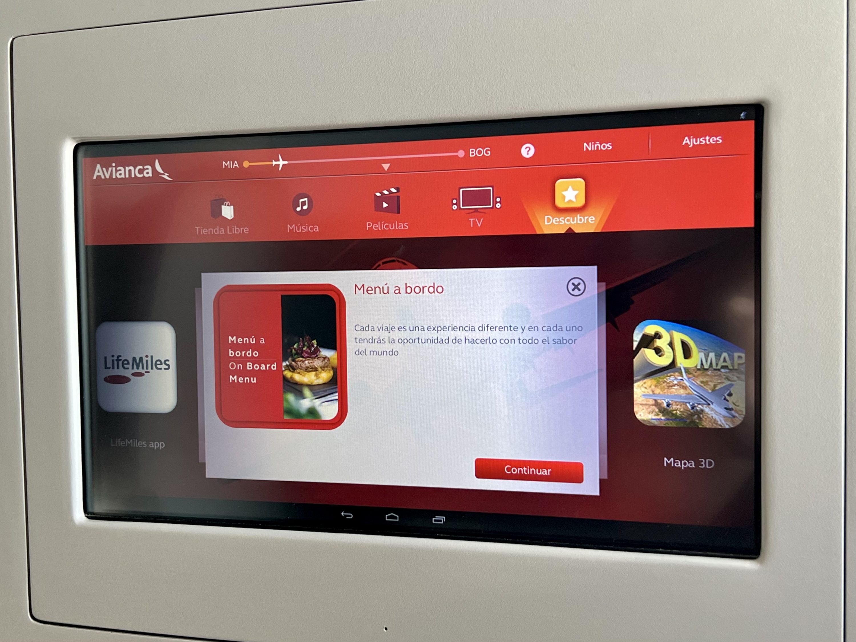 Avianca Boeing 787 Business Class menu