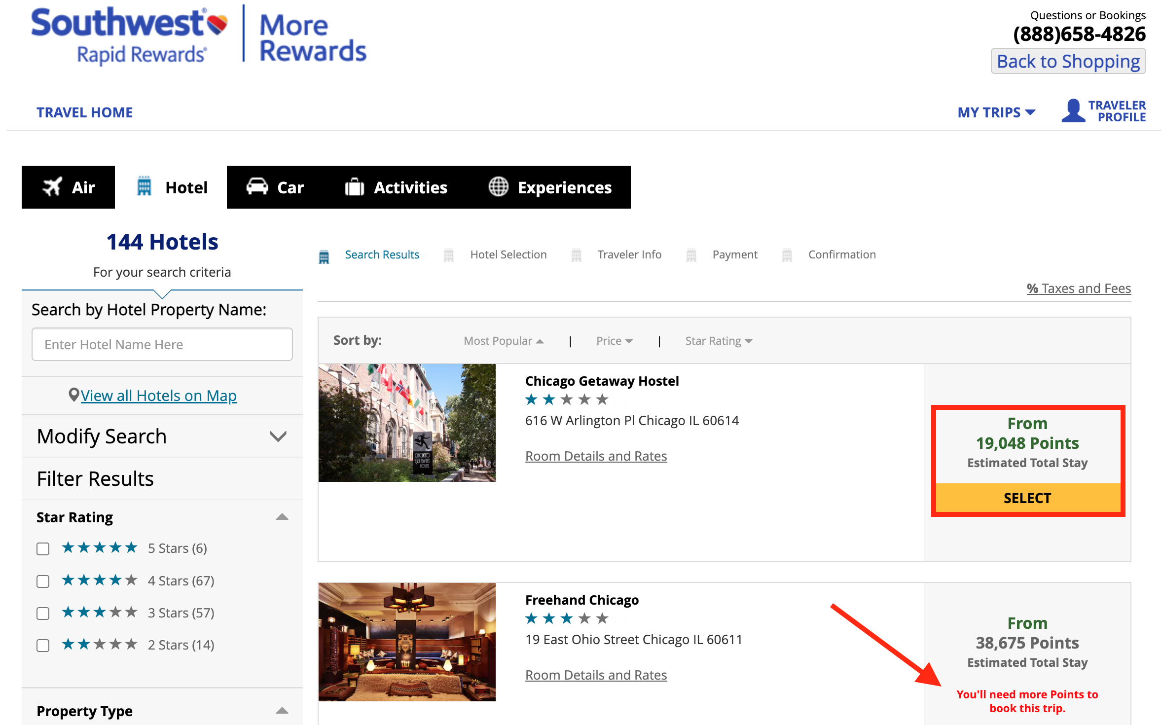 Booking a hotel through Southwest More Rewards