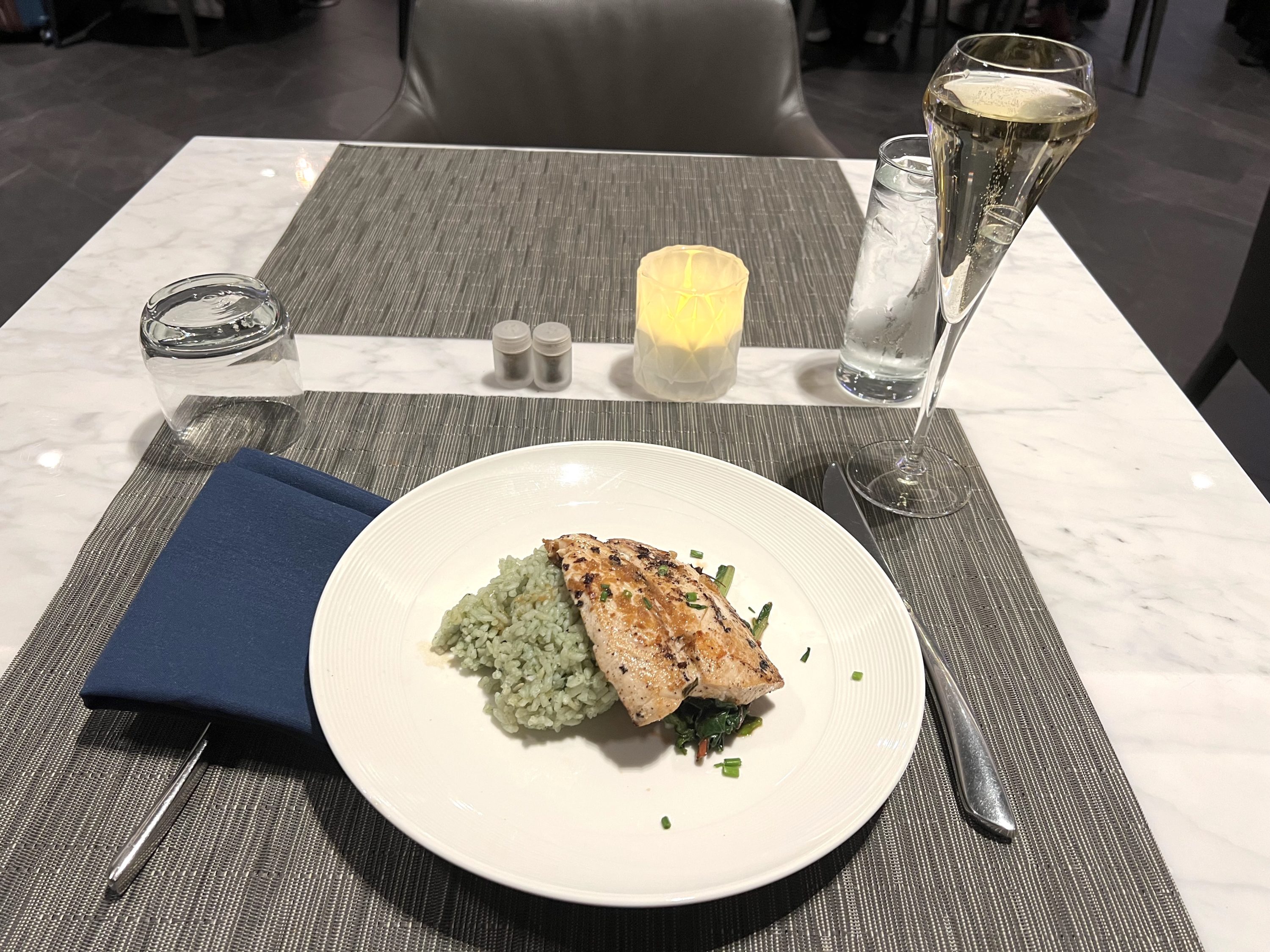 Salmon and rice EWR Polaris Dining Room