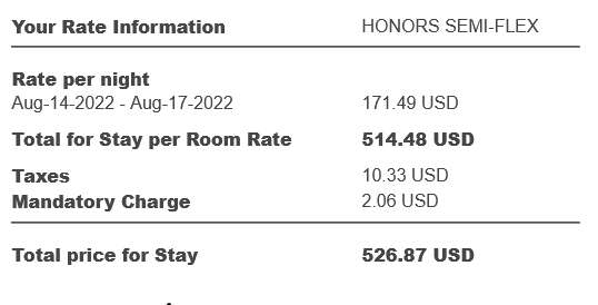 Confirmed booking rate including room rate, taxes, and mandatory charges at the DoubleTree by Hilton Corpus Christi Beachfront