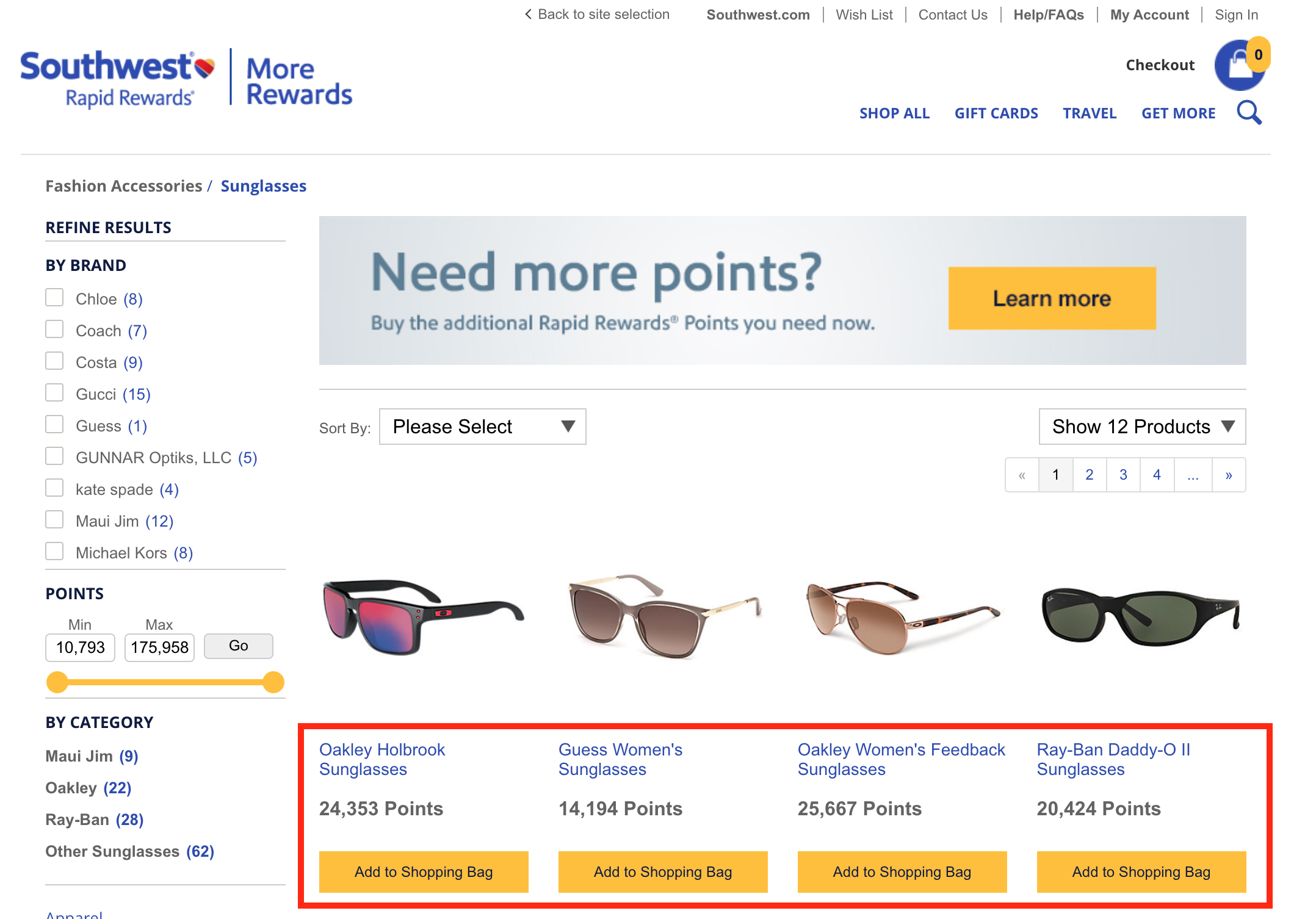 Shopping for merchandise with Rapid Rewards points
