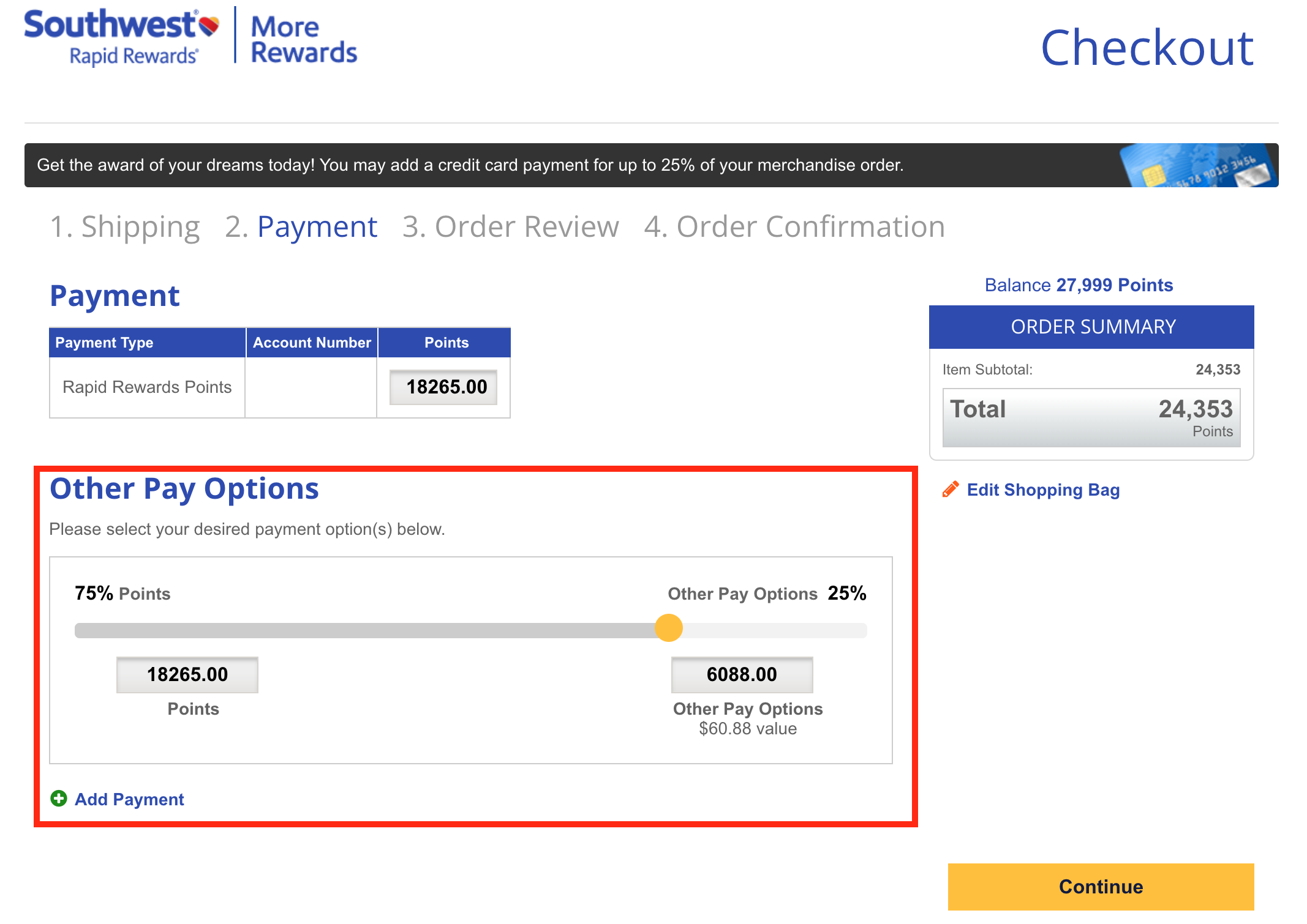 Southwest More Rewards partial payment option