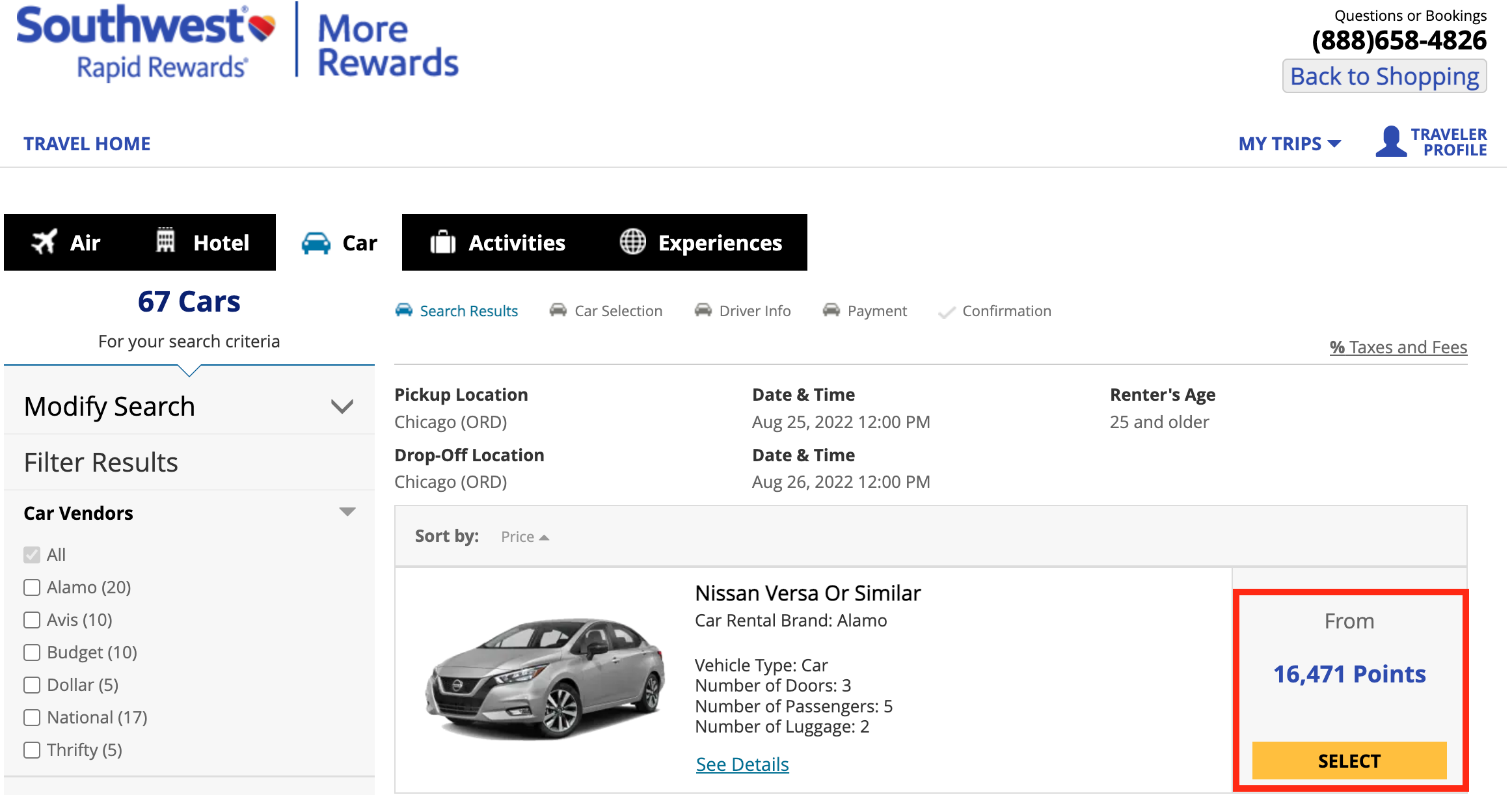 Southwest More Rewards rental car